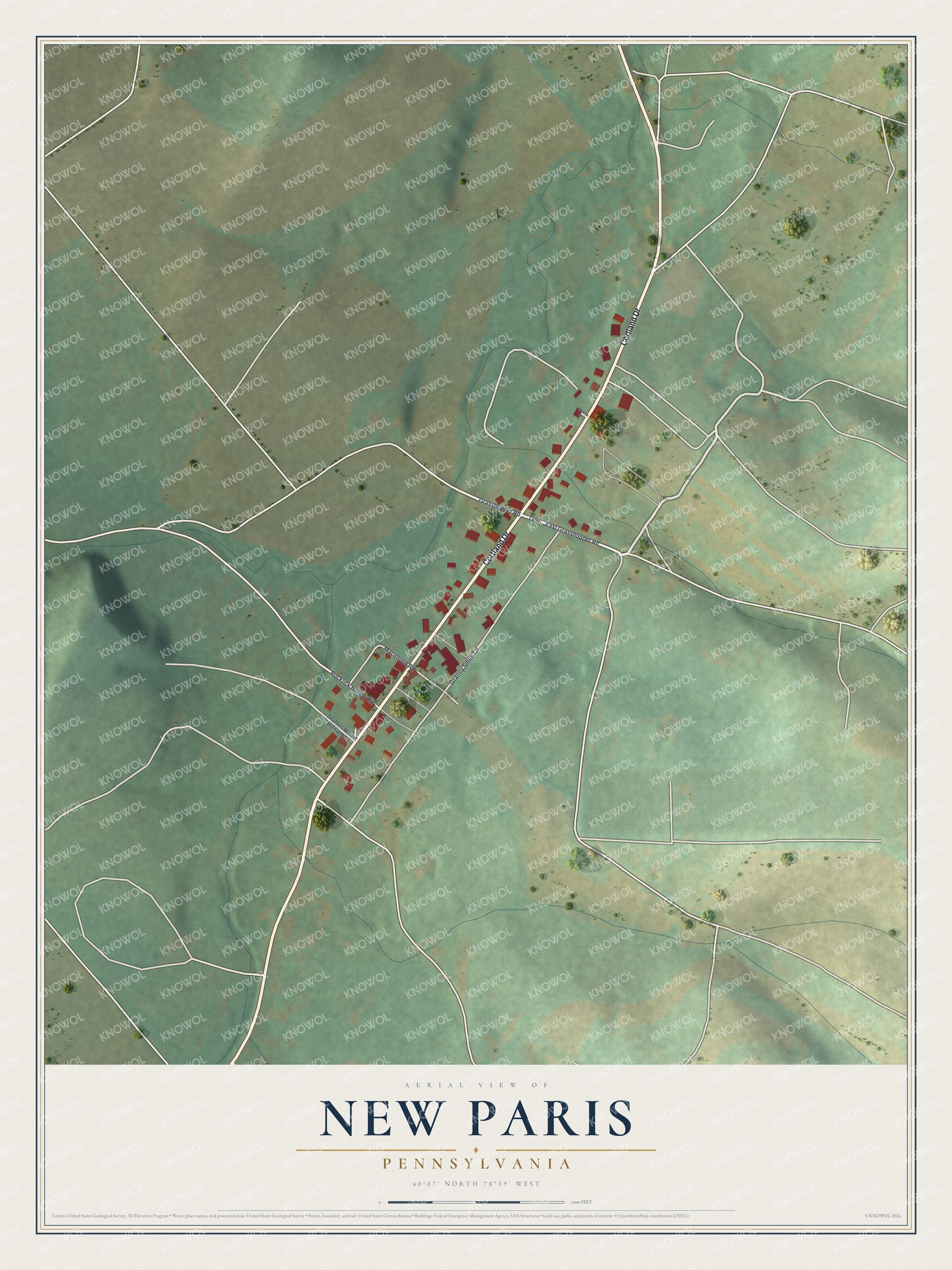 Full map of New Paris, Pennsylvania, with red buildings, printed street names and the land around them