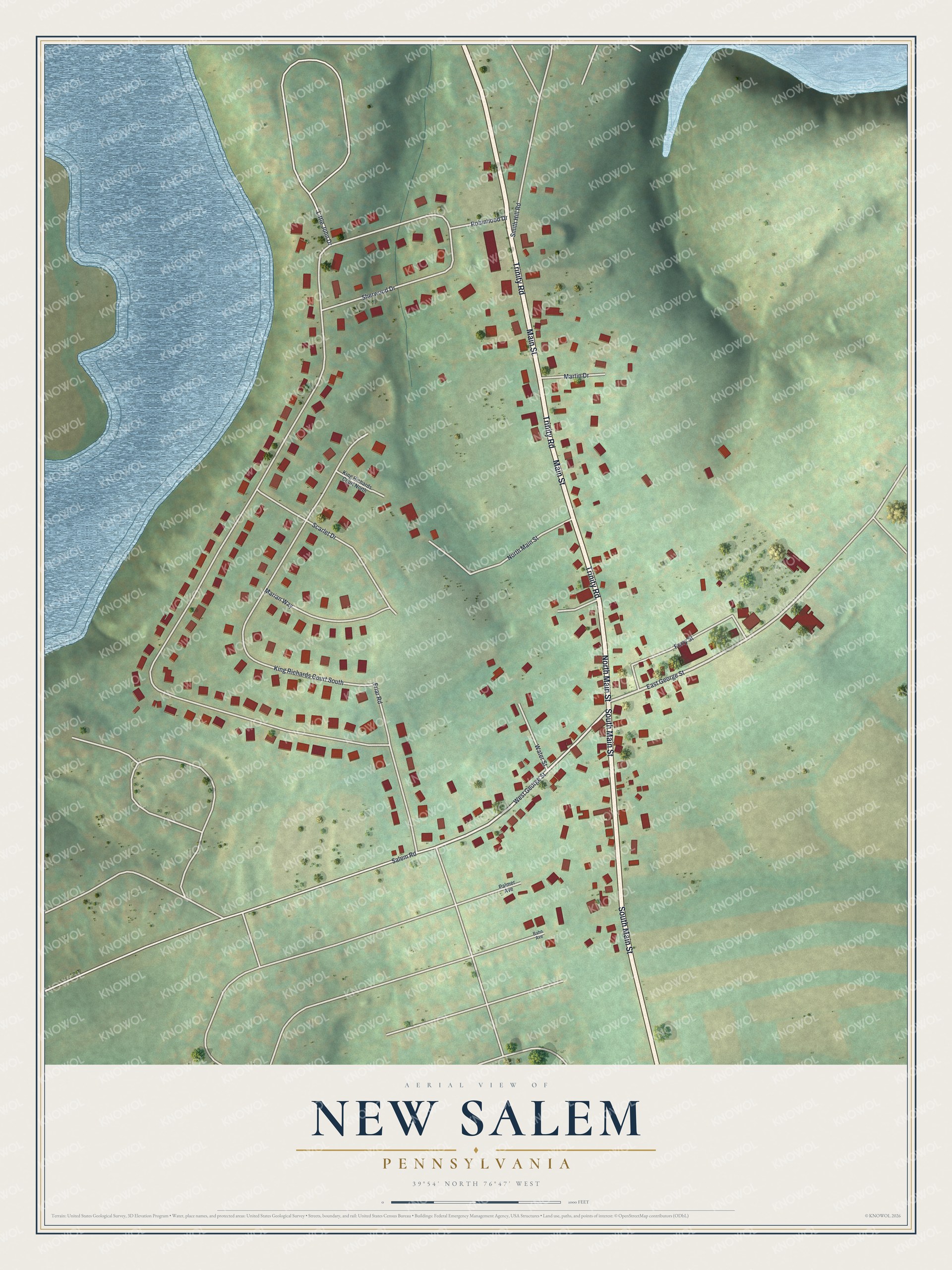 Full map of New Salem, Pennsylvania, with red buildings, printed street names and the land around them