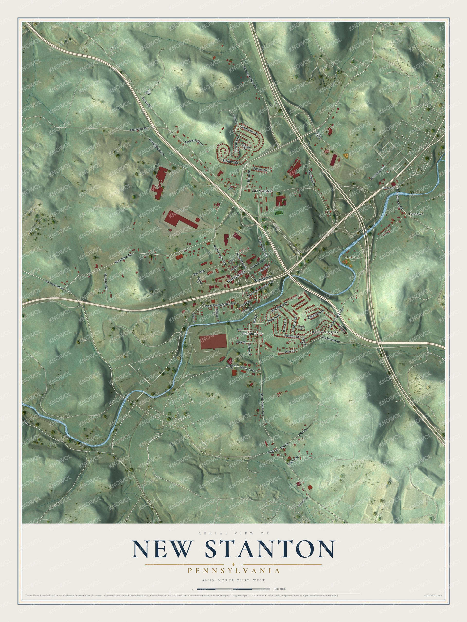 Full map of New Stanton, Pennsylvania, with red buildings, printed street names and the land around them