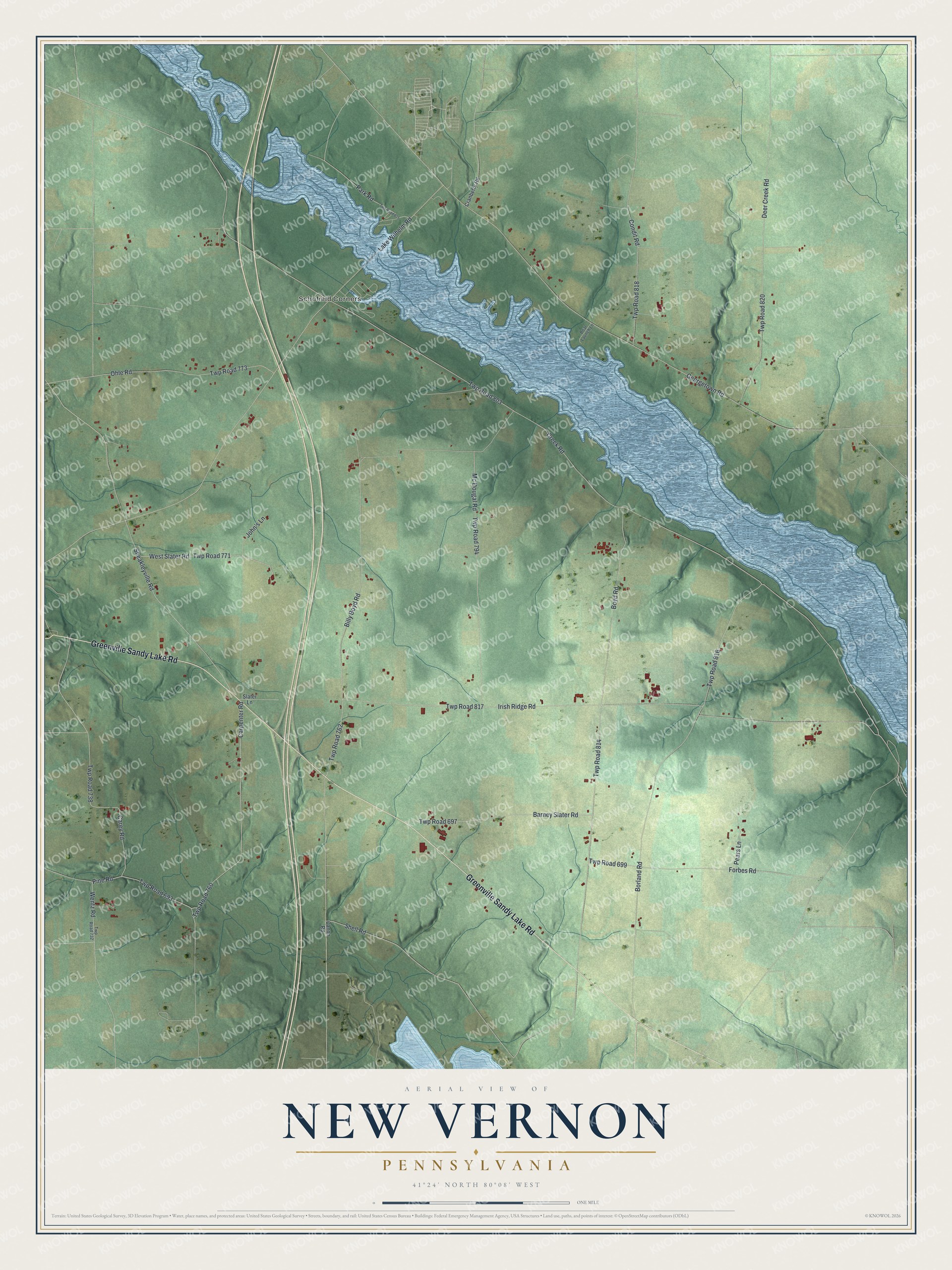 Full map of New Vernon, Pennsylvania, with red buildings, printed street names and the land around them