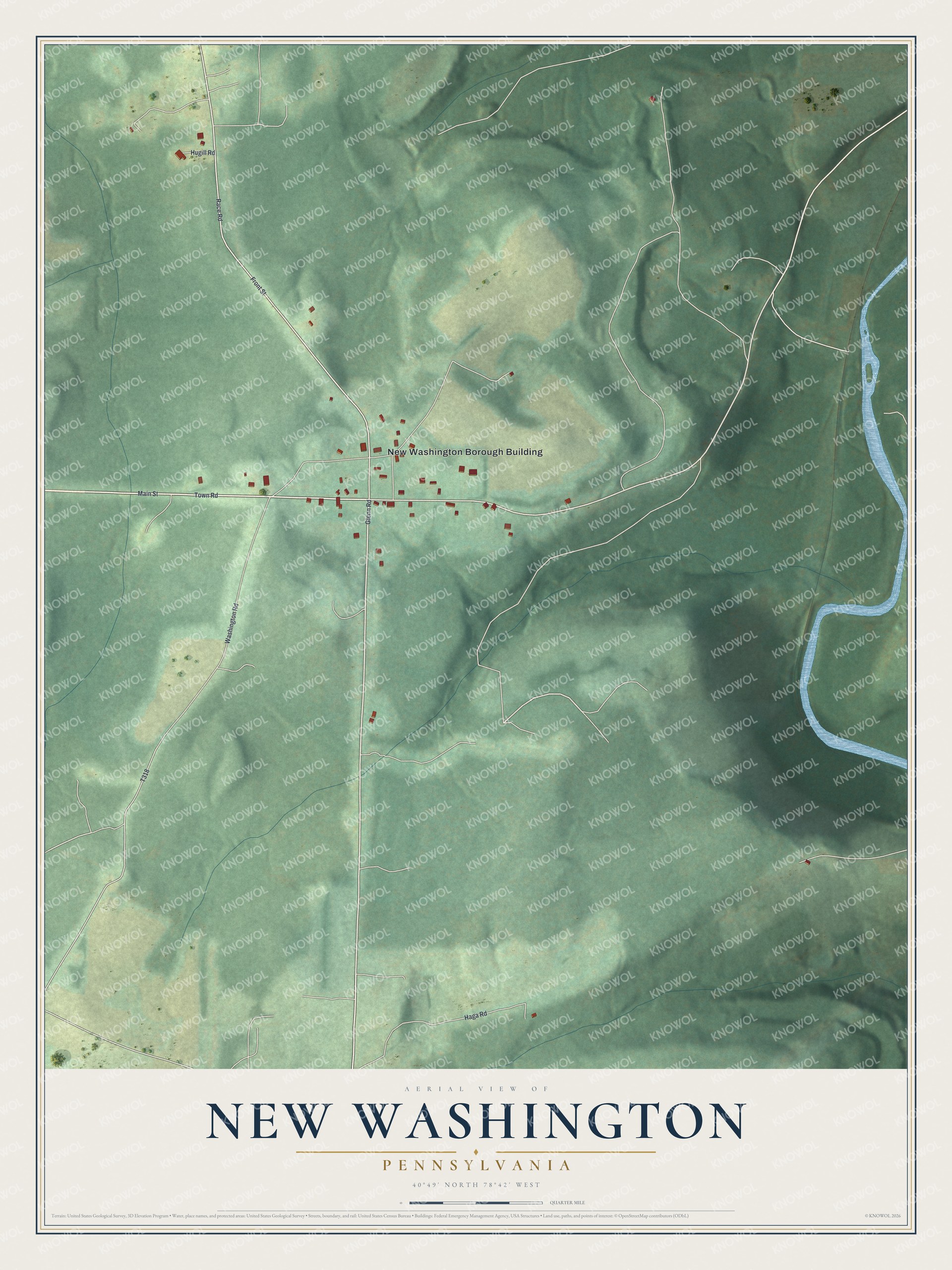 Full map of New Washington, Pennsylvania, with red buildings, printed street names and the land around them