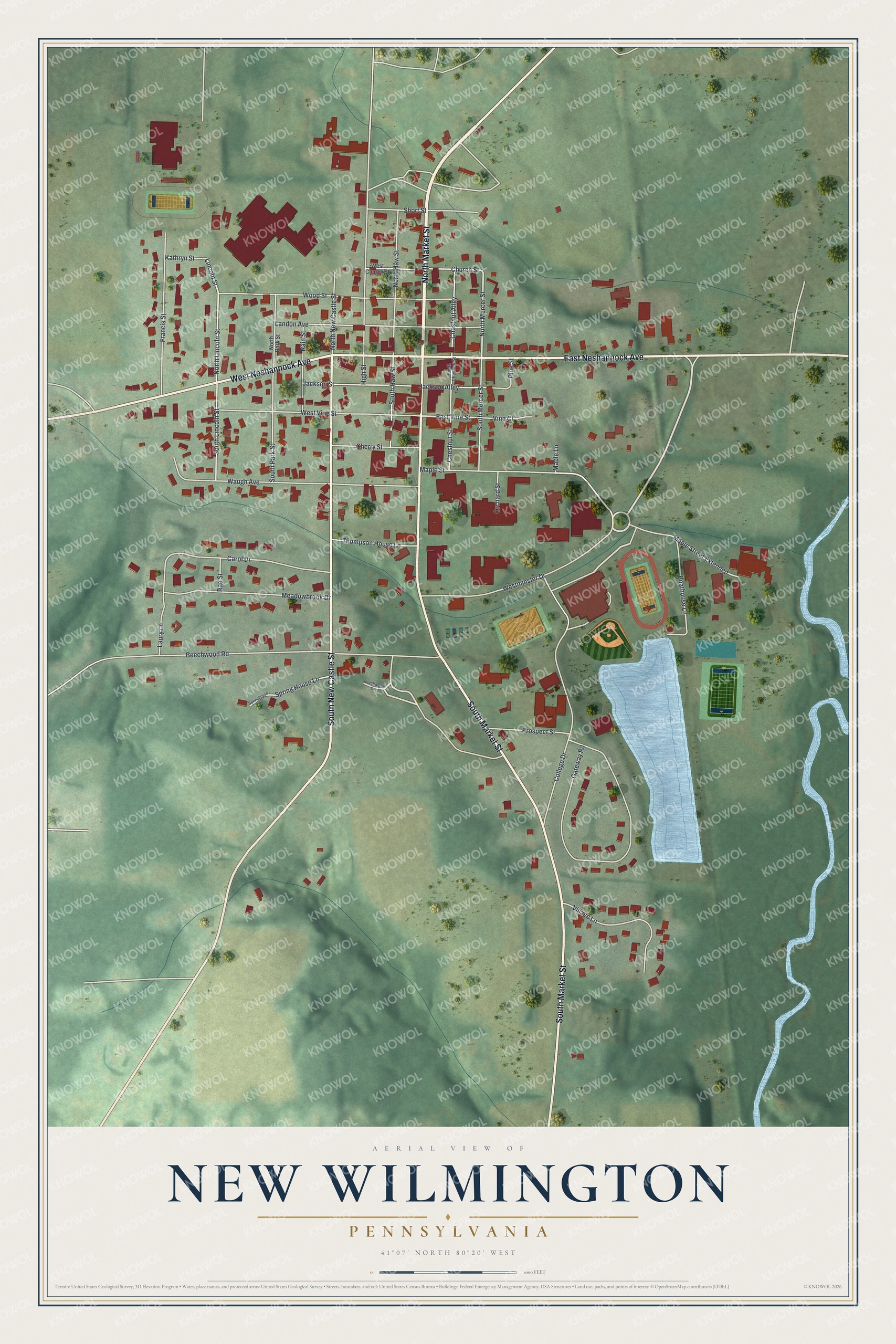 Full map of New Wilmington, Pennsylvania, with red buildings, printed street names and the land around them