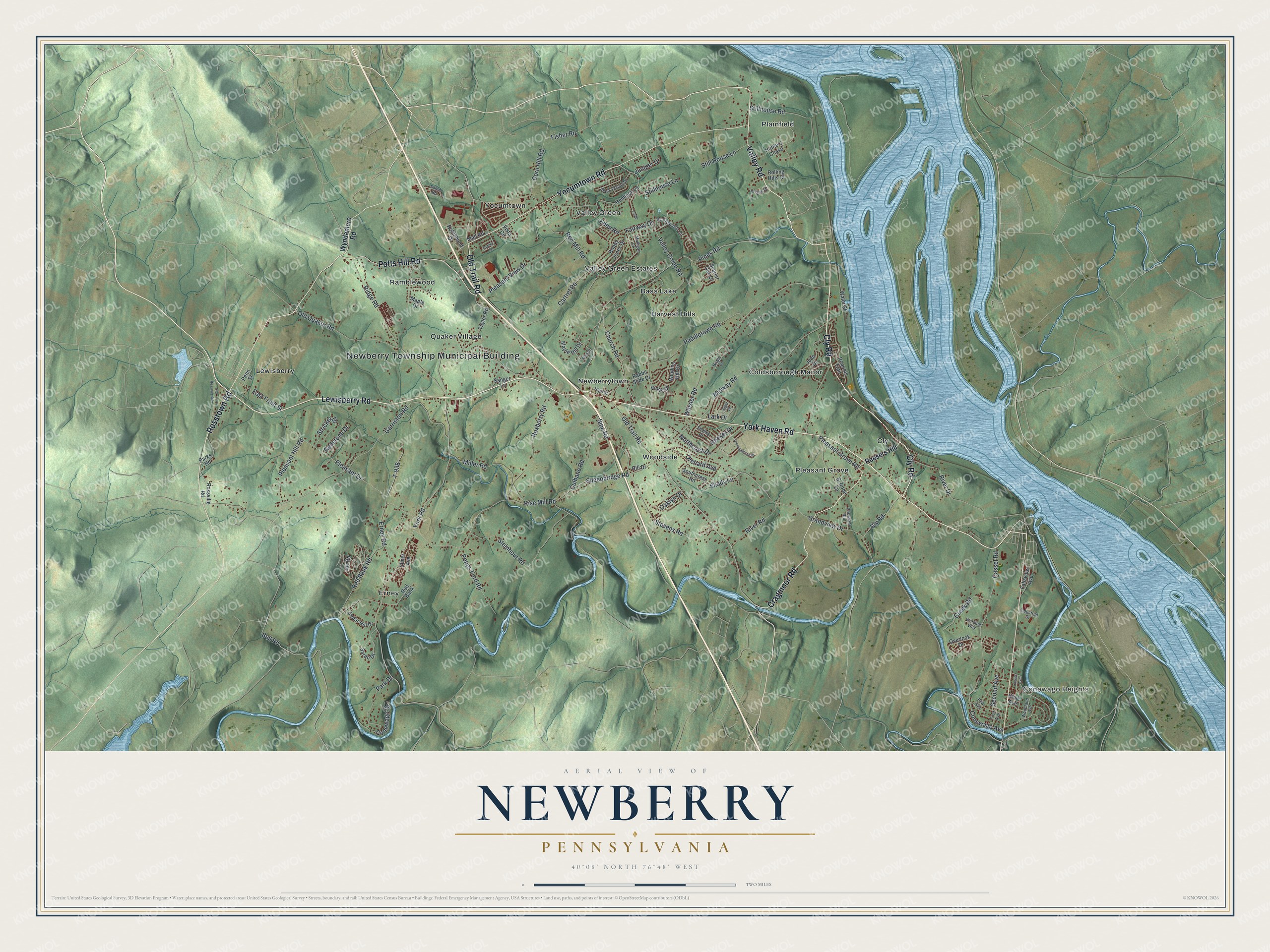 Full map of Newberry, Pennsylvania, with red buildings, printed street names and the land around them