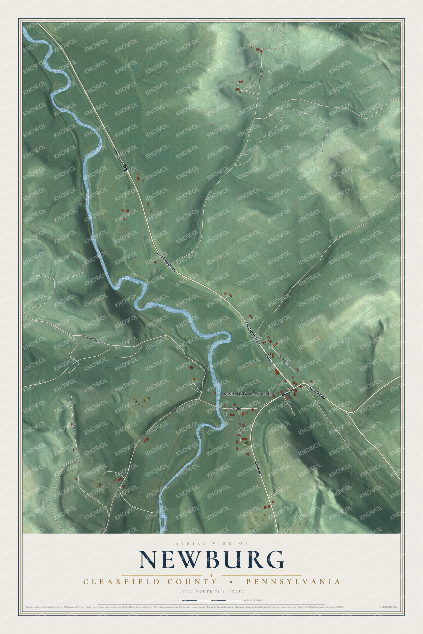 Full map of Newburg, Clearfield County, Pennsylvania, with red buildings, printed street names and the land around them
