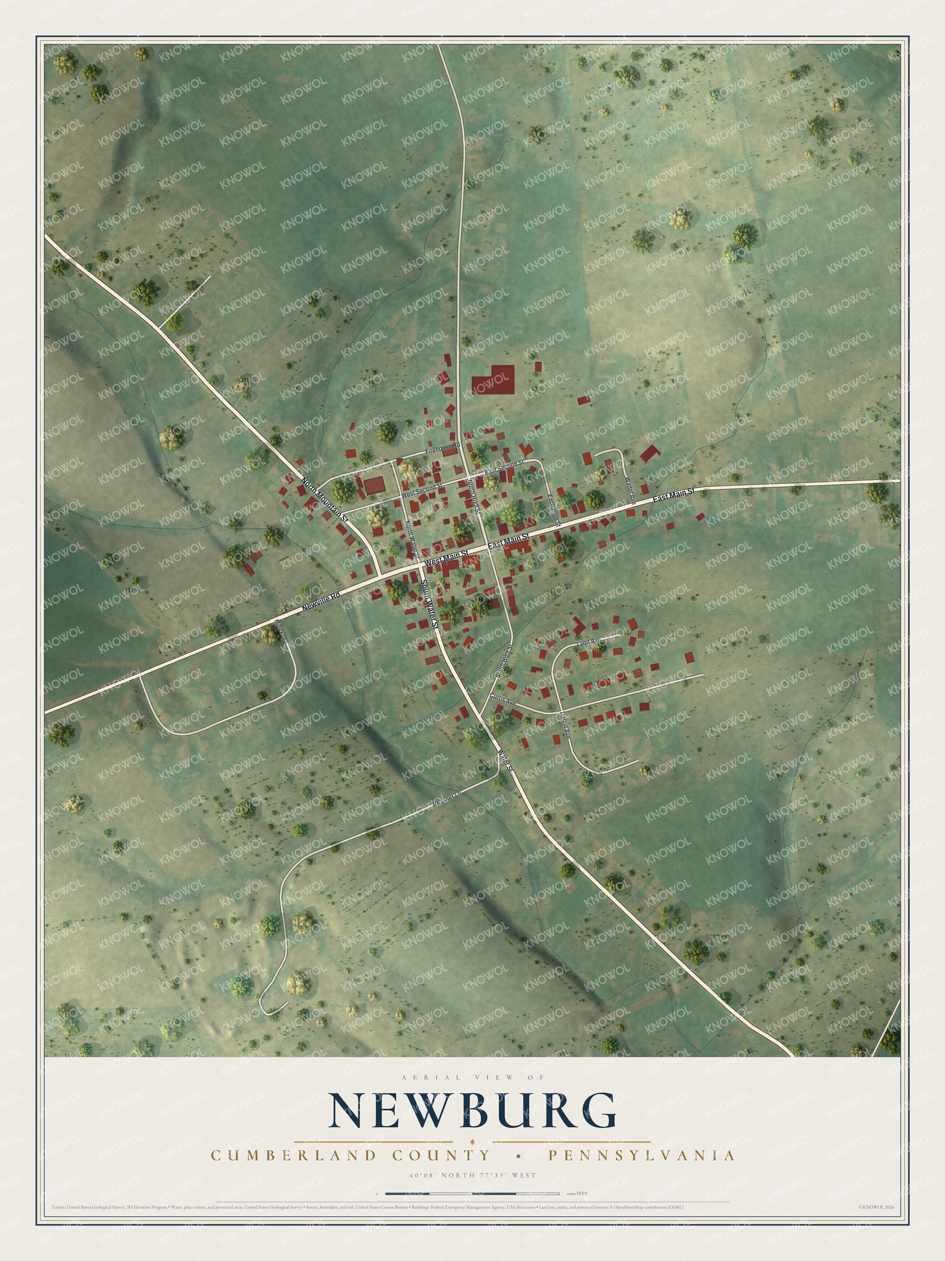 Full map of Newburg, Cumberland County, Pennsylvania, with red buildings, printed street names and the land around them
