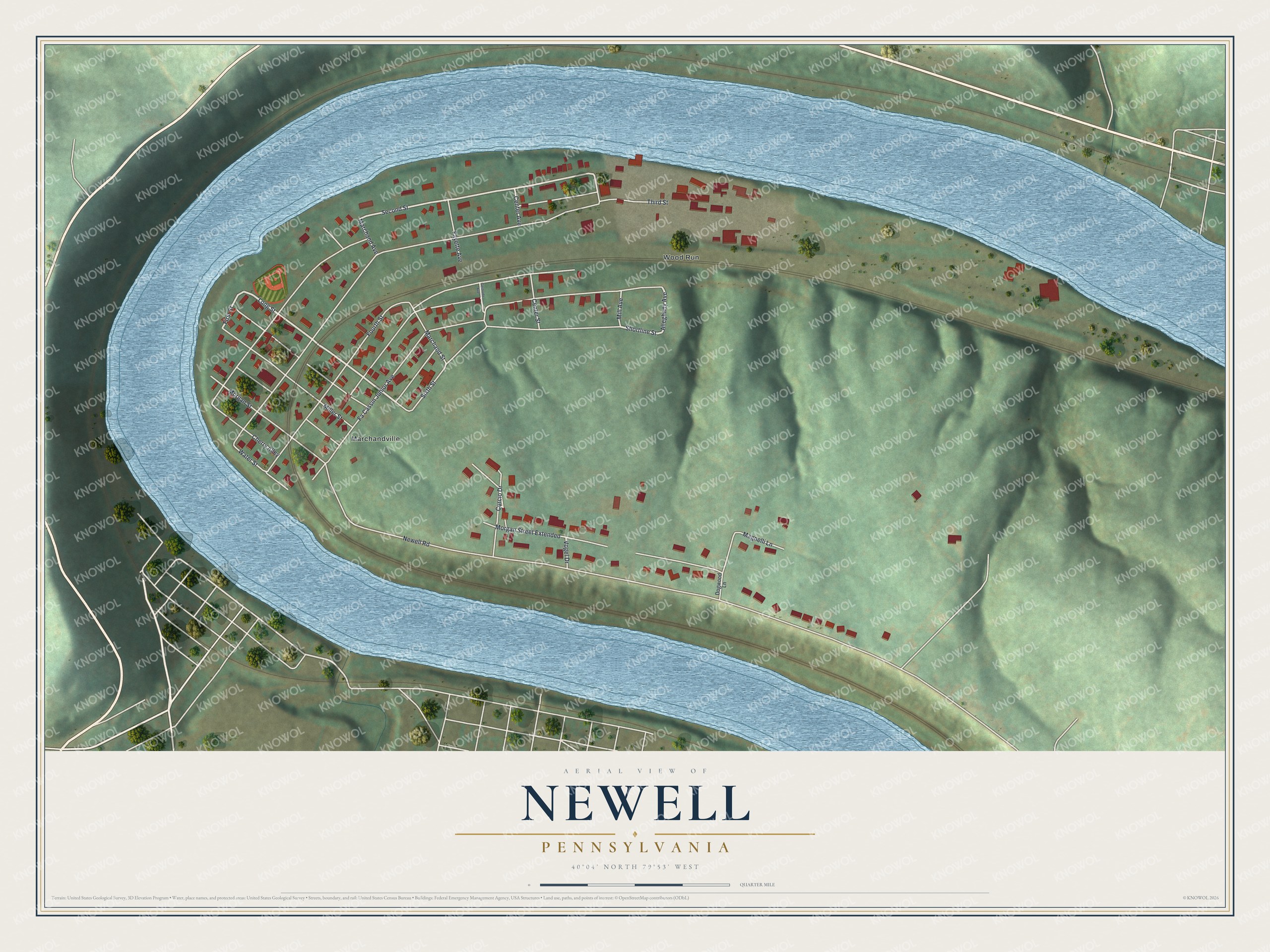 Full map of Newell, Pennsylvania, with red buildings, printed street names and the land around them