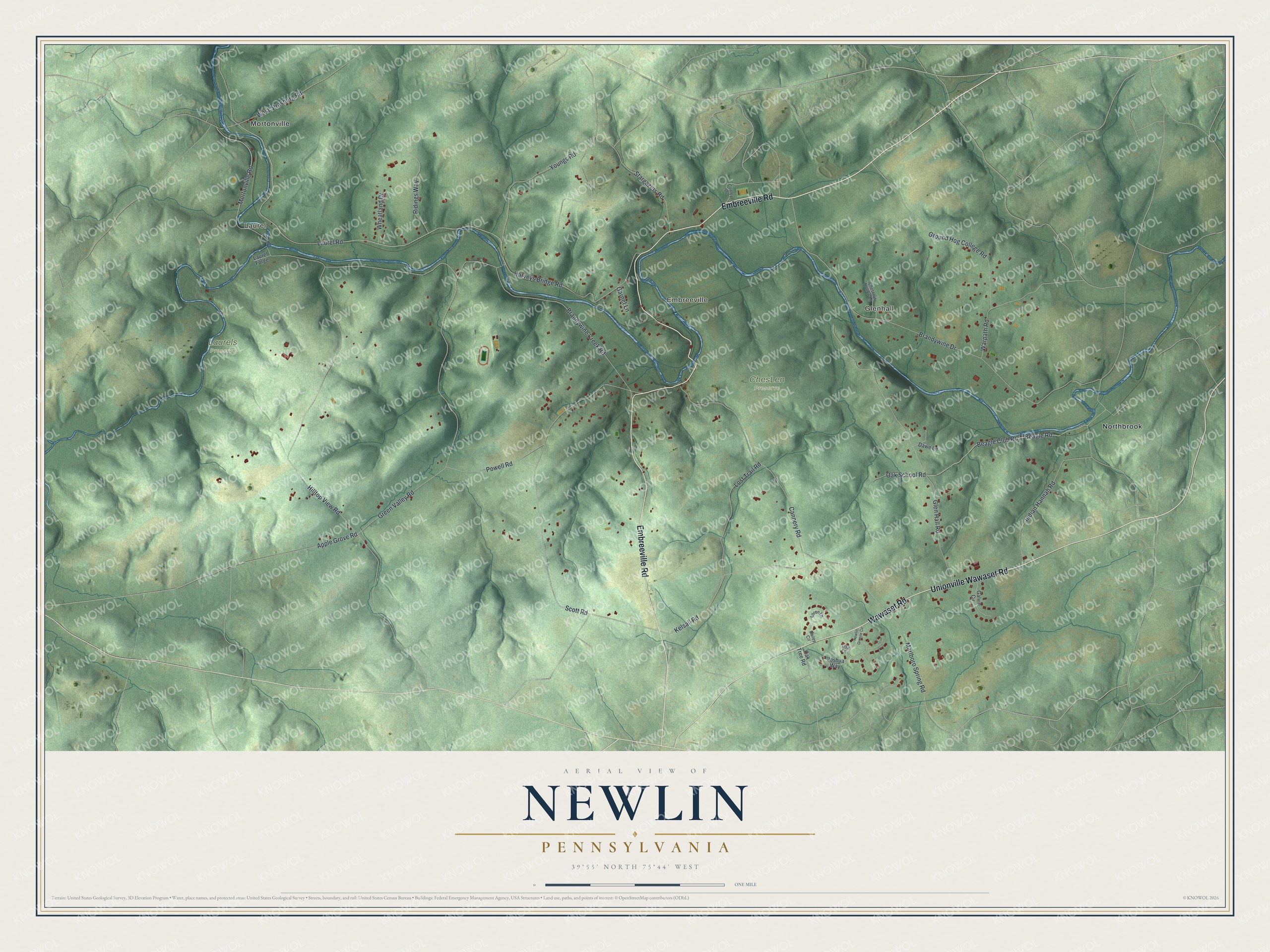 Full map of Newlin, Pennsylvania, with red buildings, printed street names and the land around them