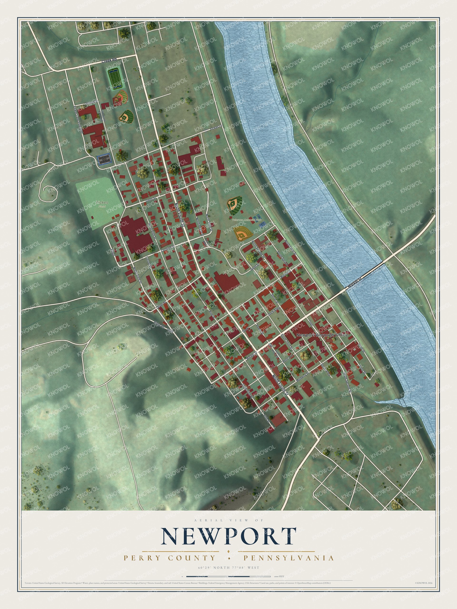 Full map of Newport, Perry County, Pennsylvania, with red buildings, printed street names and the land around them
