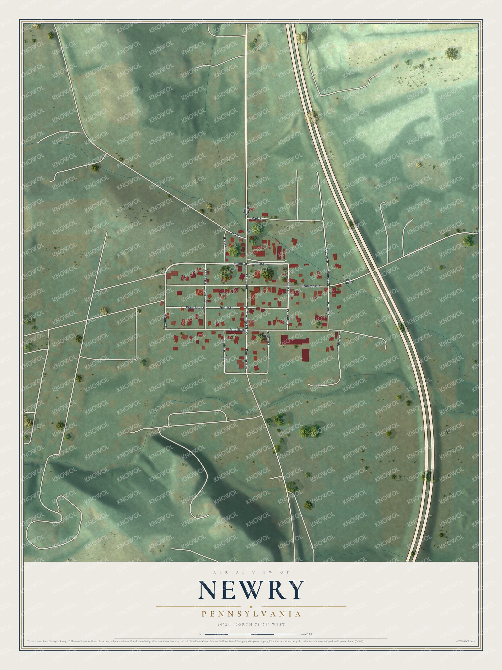 Full map of Newry, Pennsylvania, with red buildings, printed street names and the land around them