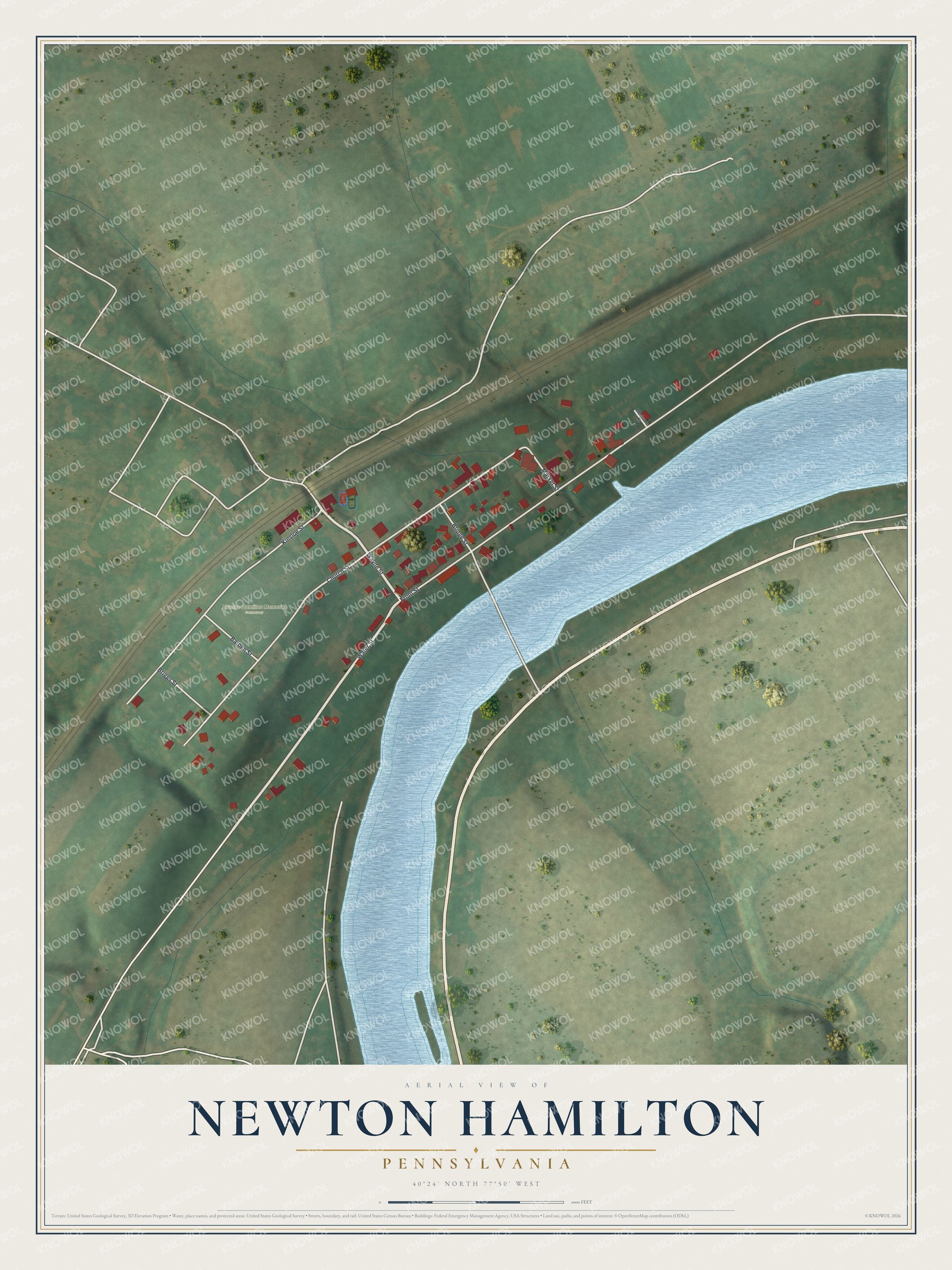 Full map of Newton Hamilton, Pennsylvania, with red buildings, printed street names and the land around them