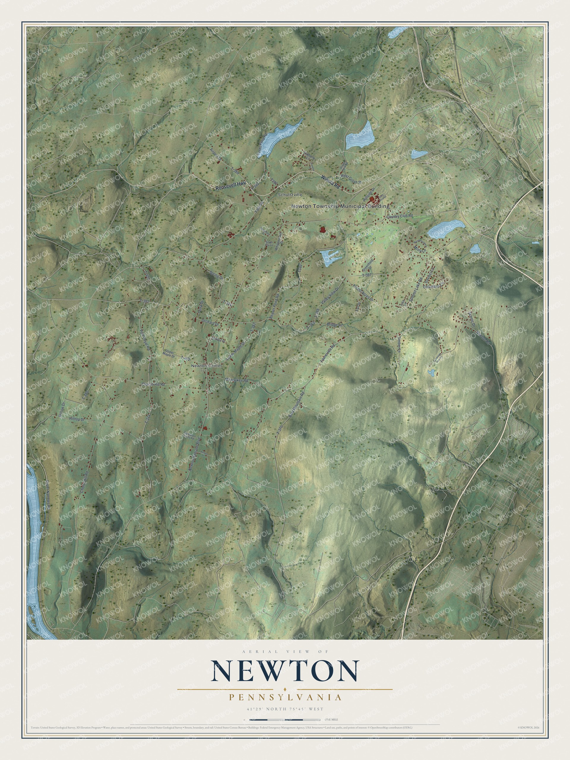 Full map of Newton, Pennsylvania, with red buildings, printed street names and the land around them