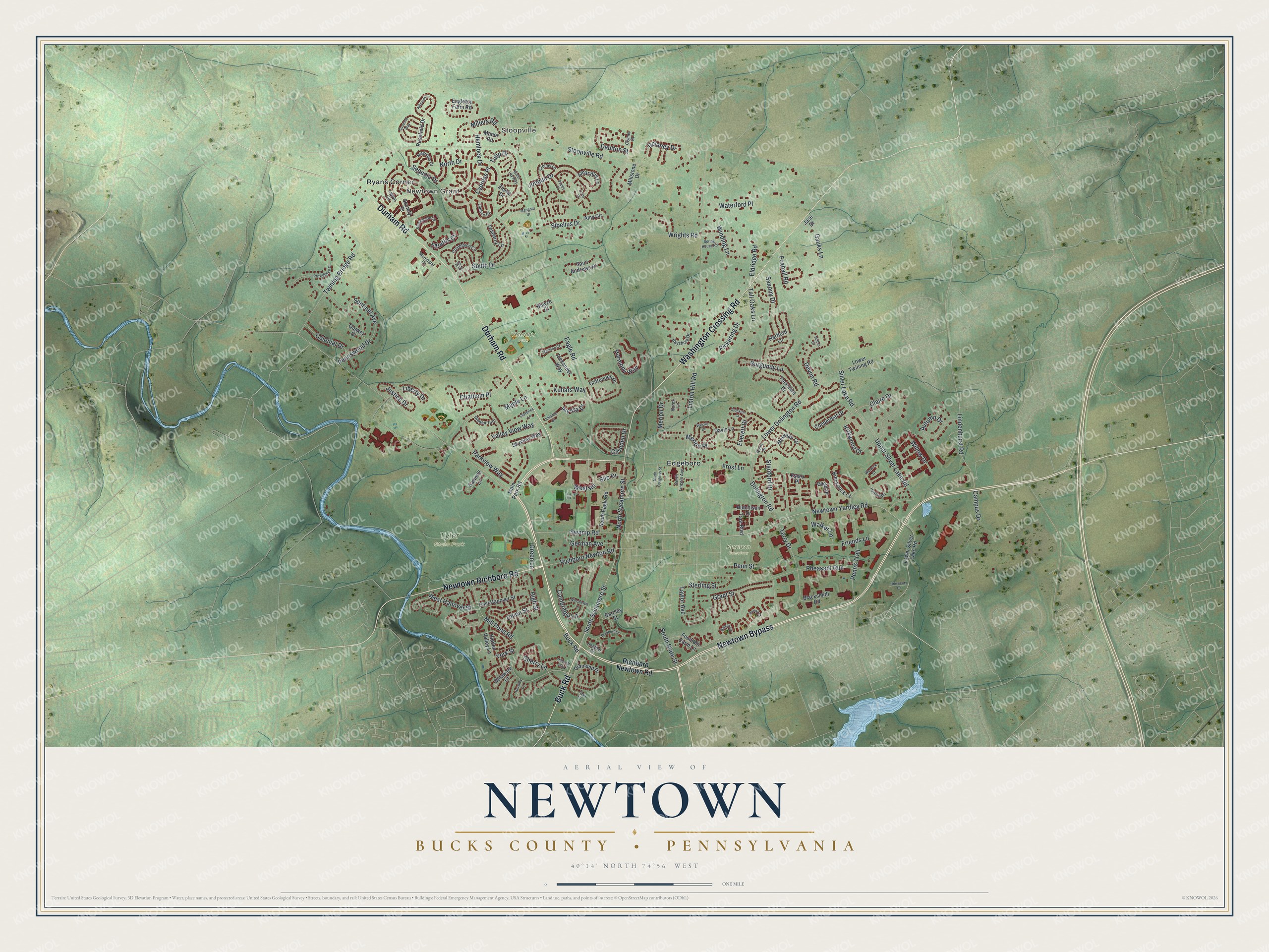 Full map of Newtown Township, Bucks County, Pennsylvania, with red buildings, printed street names and the land around them