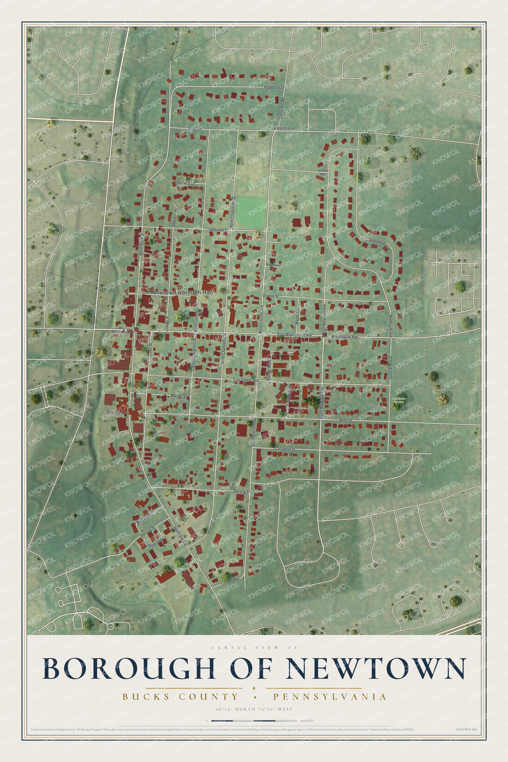 Aerial-style map of the Borough of Newtown, Pennsylvania, with red buildings on green land and a title panel below