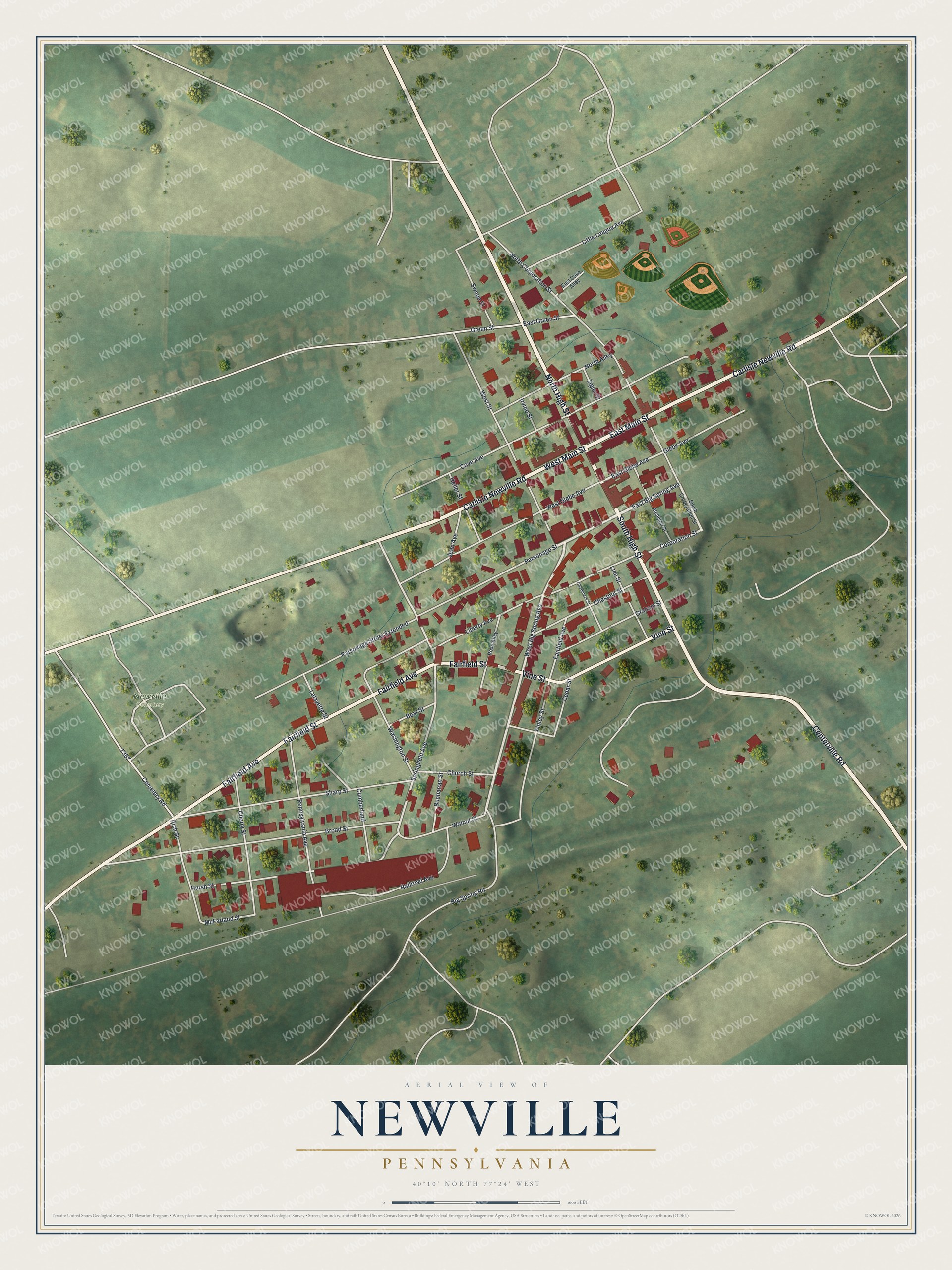 Full map of Newville, Pennsylvania, with red buildings, printed street names and the land around them