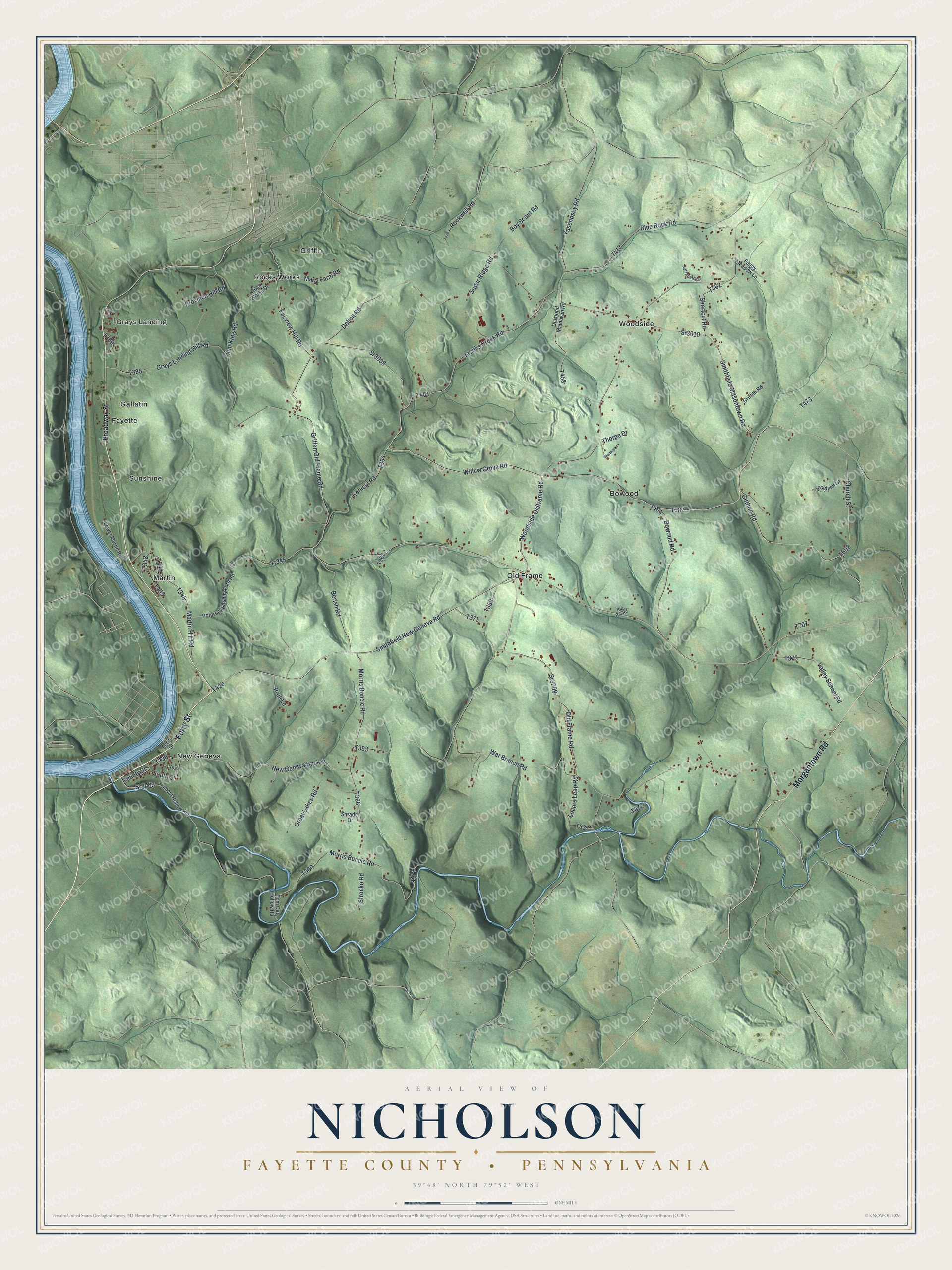 Full map of Nicholson, Fayette County, Pennsylvania, with red buildings, printed street names and the land around them