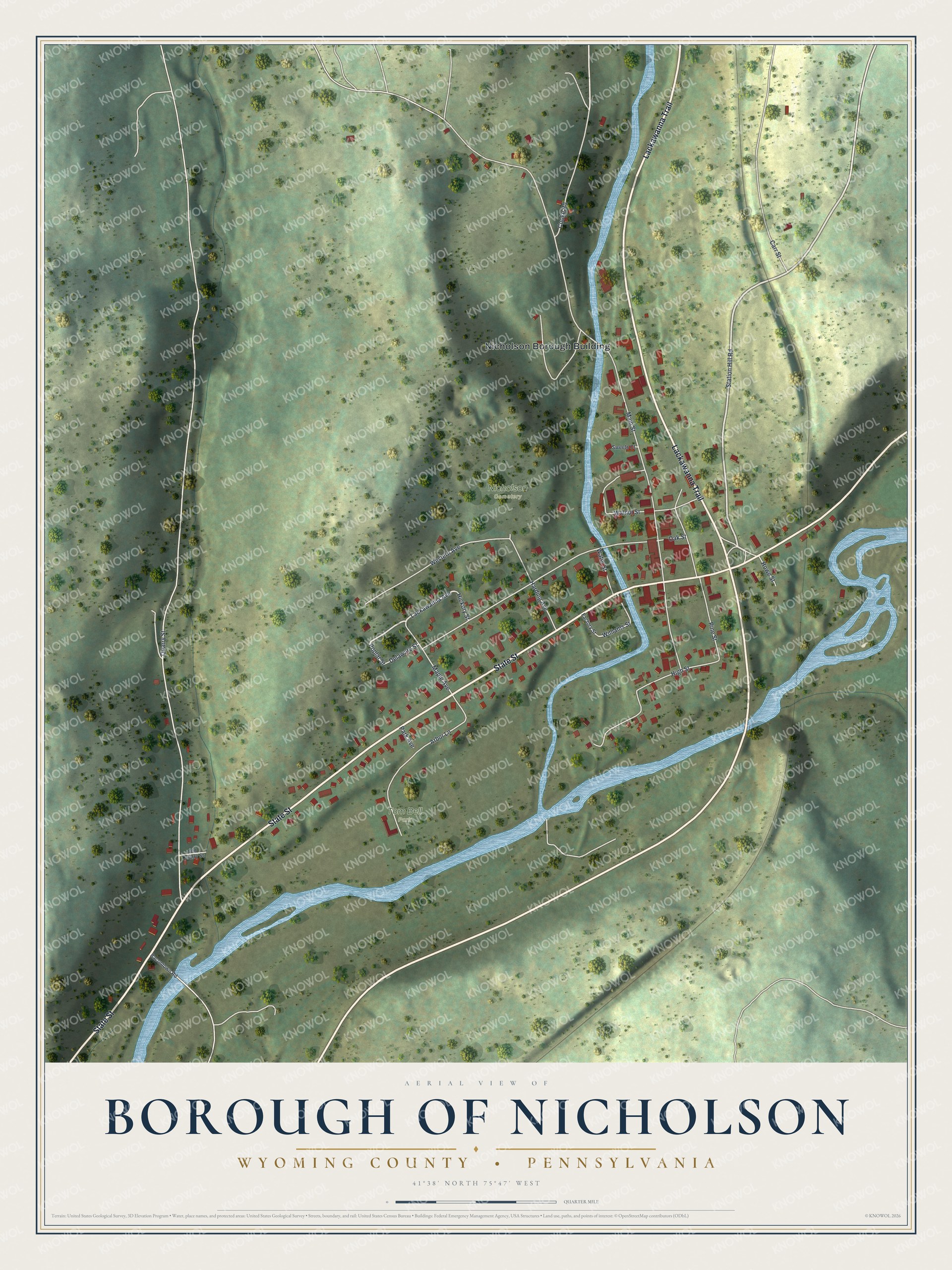 Full map of Nicholson Borough, Wyoming County, Pennsylvania, with red buildings, printed street names and the land around them