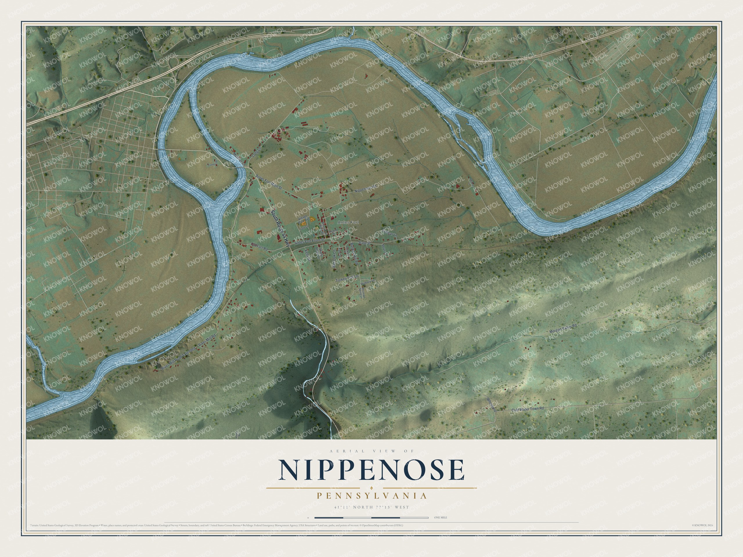 Full map of Nippenose, Pennsylvania, with red buildings, printed street names and the land around them