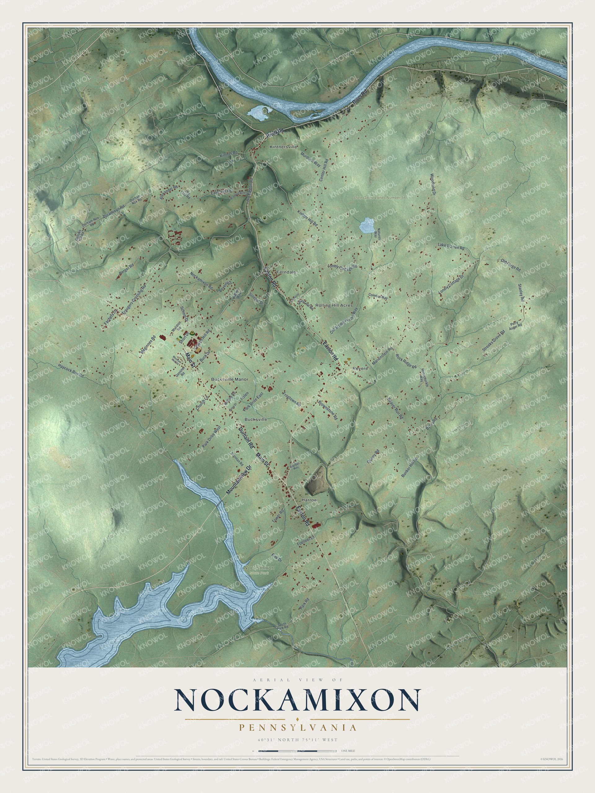 Full map of Nockamixon, Pennsylvania, with red buildings, printed street names and the land around them