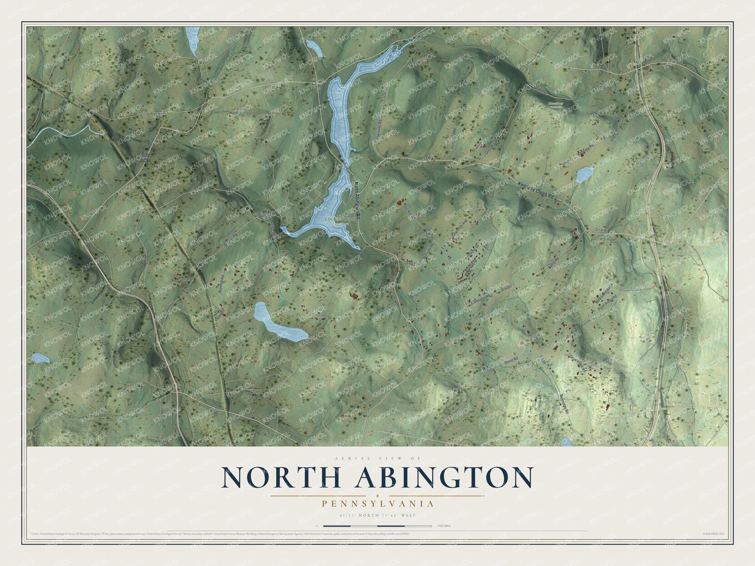 Full map of North Abington, Pennsylvania, with red buildings, printed street names and the land around them
