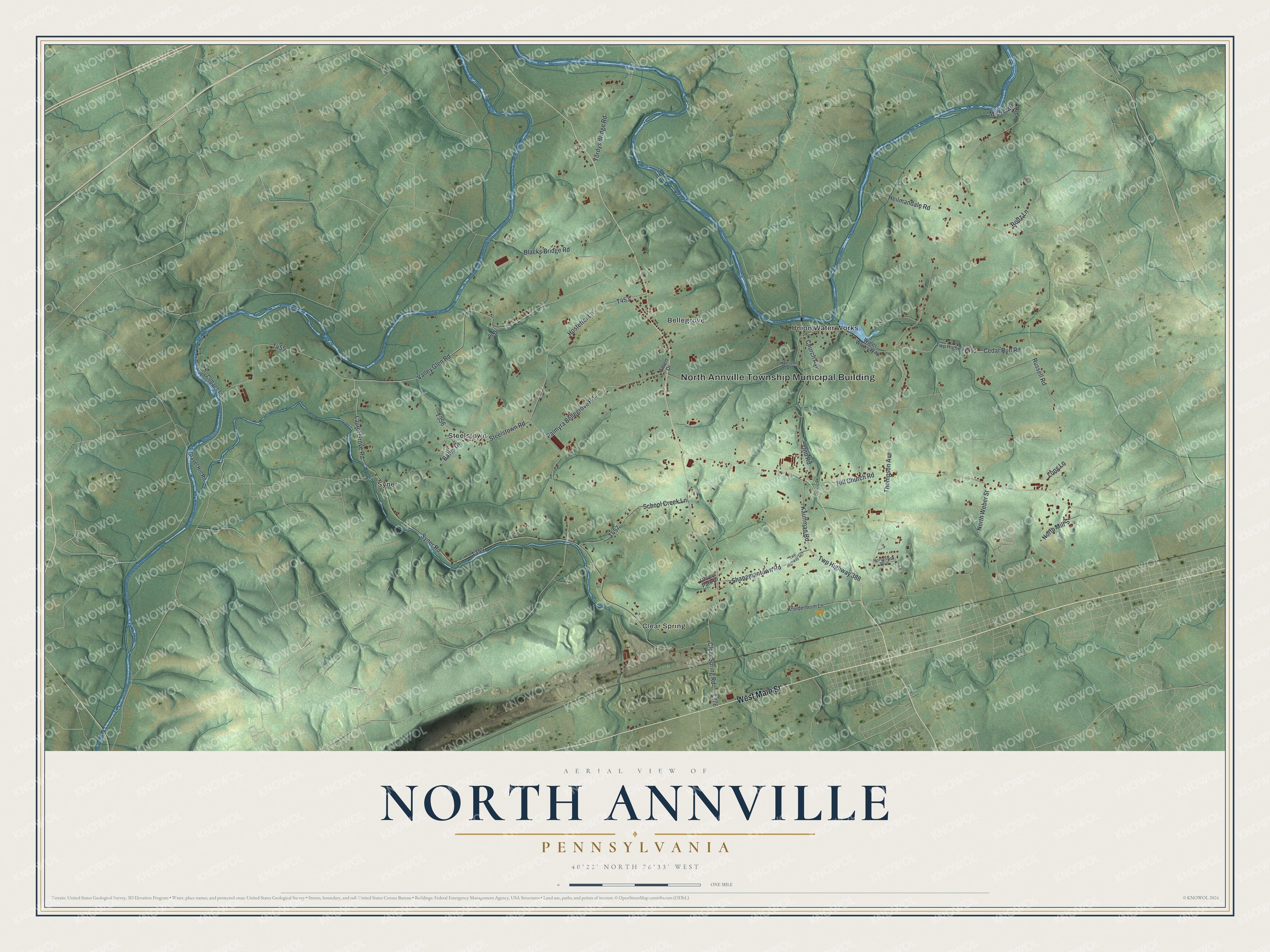 Full map of North Annville, Pennsylvania, with red buildings, printed street names and the land around them