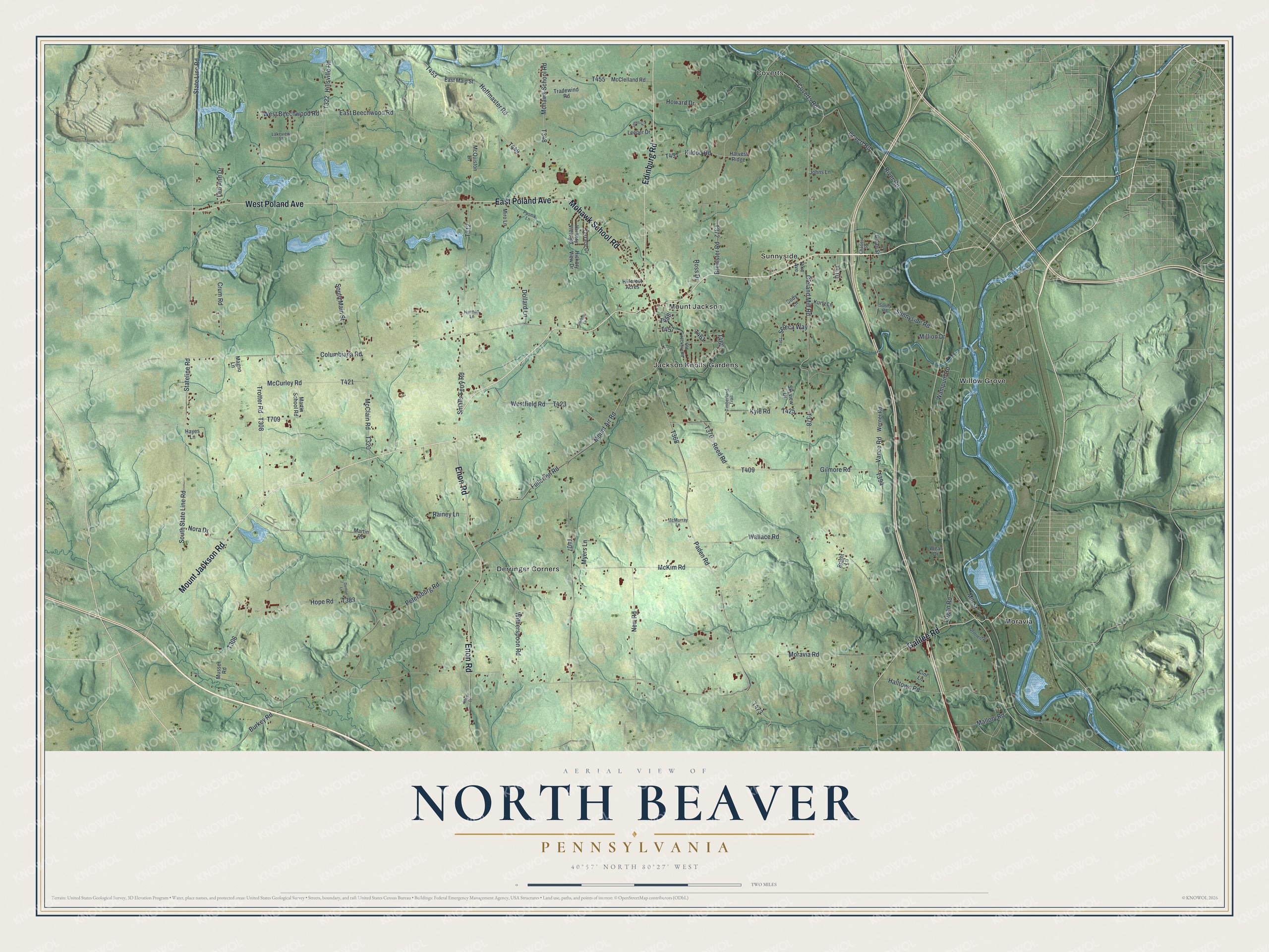 Aerial view map of North Beaver Township, Pennsylvania, with green hills, red buildings and a blue river winding past Moravia
