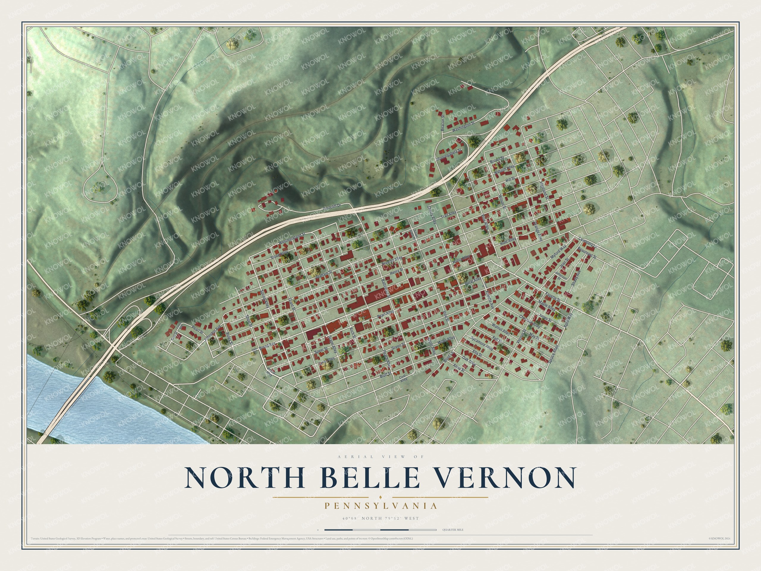 Full map of North Belle Vernon, Pennsylvania, with red buildings, printed street names and the land around them