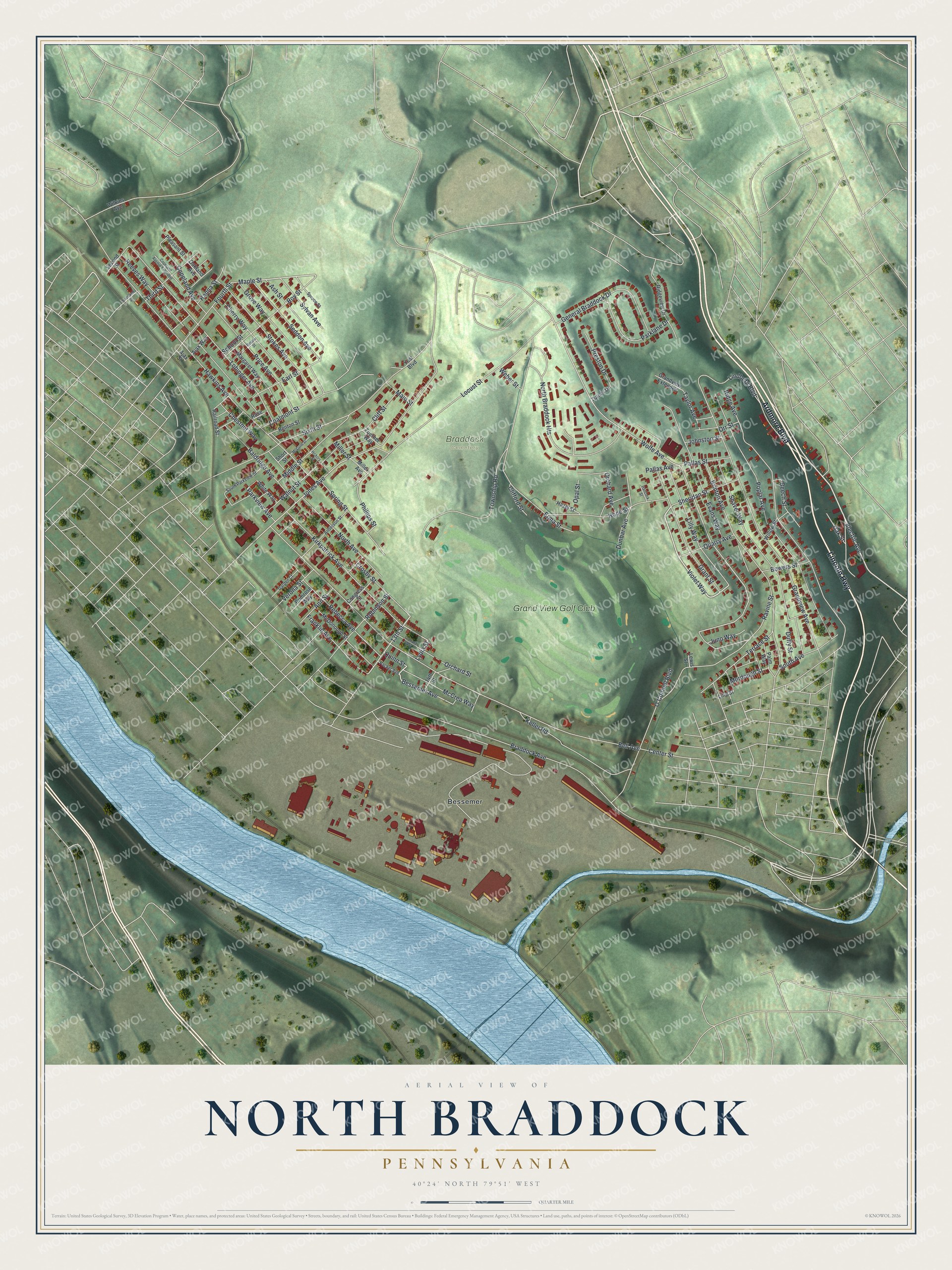 Full map of North Braddock, Pennsylvania, with red buildings, printed street names and the land around them