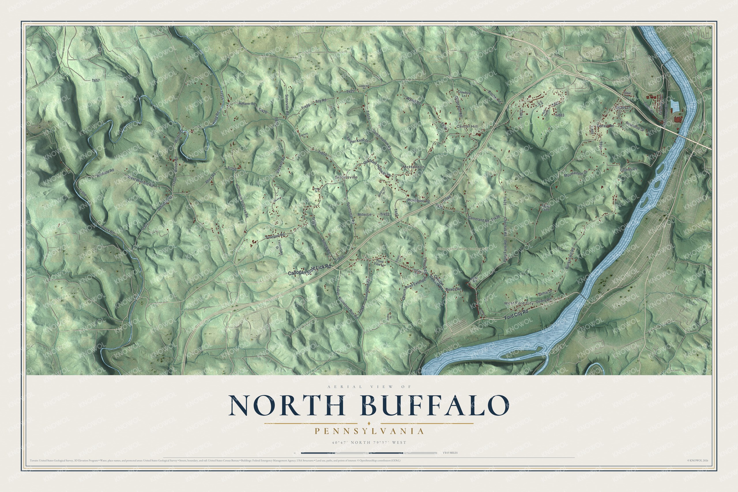 Aerial view map of North Buffalo Township, Pennsylvania, with green shaded hills, a blue river along the right side and red buildings