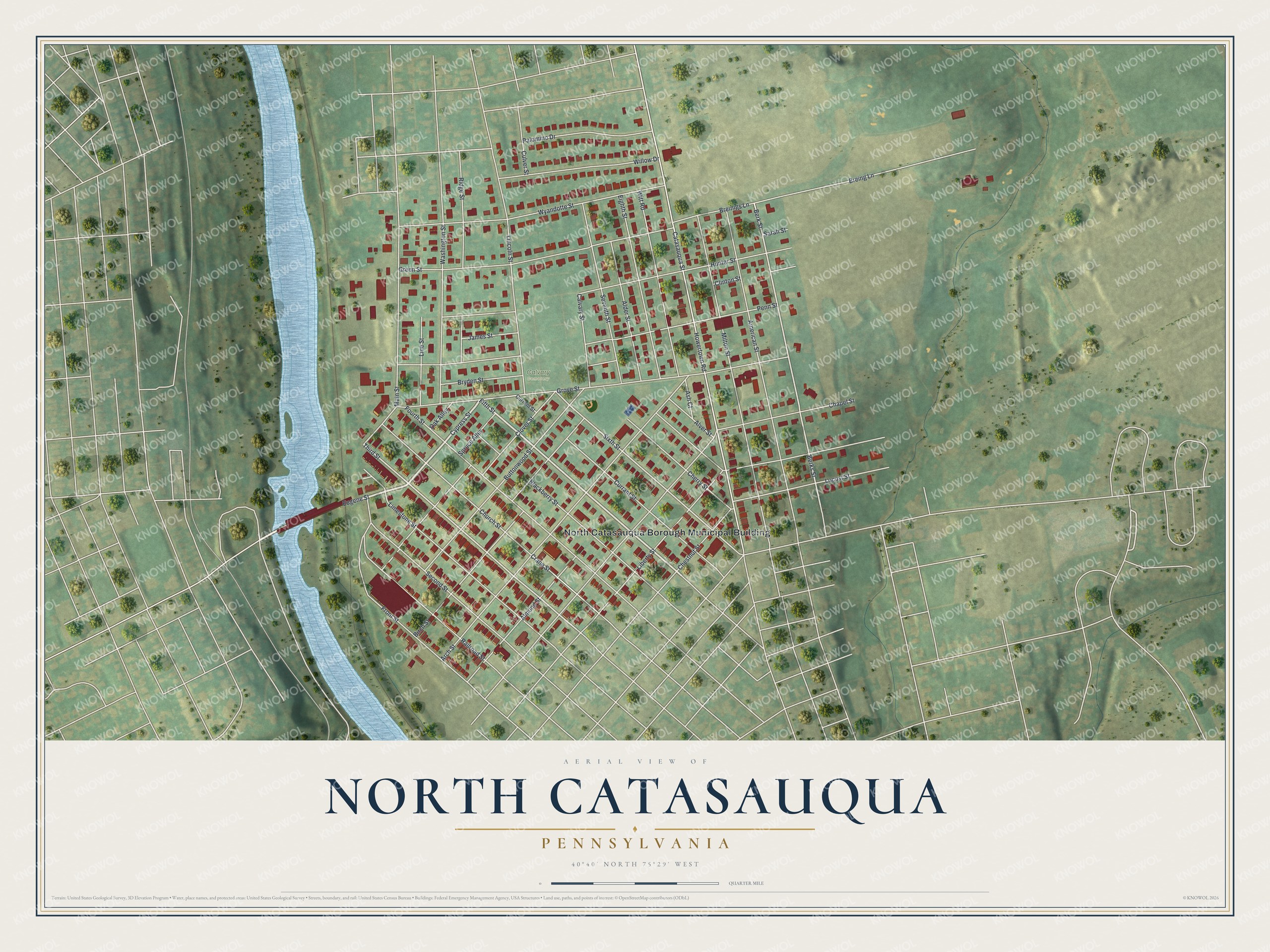 Full map of North Catasauqua, Pennsylvania, with red buildings, printed street names and the land around them