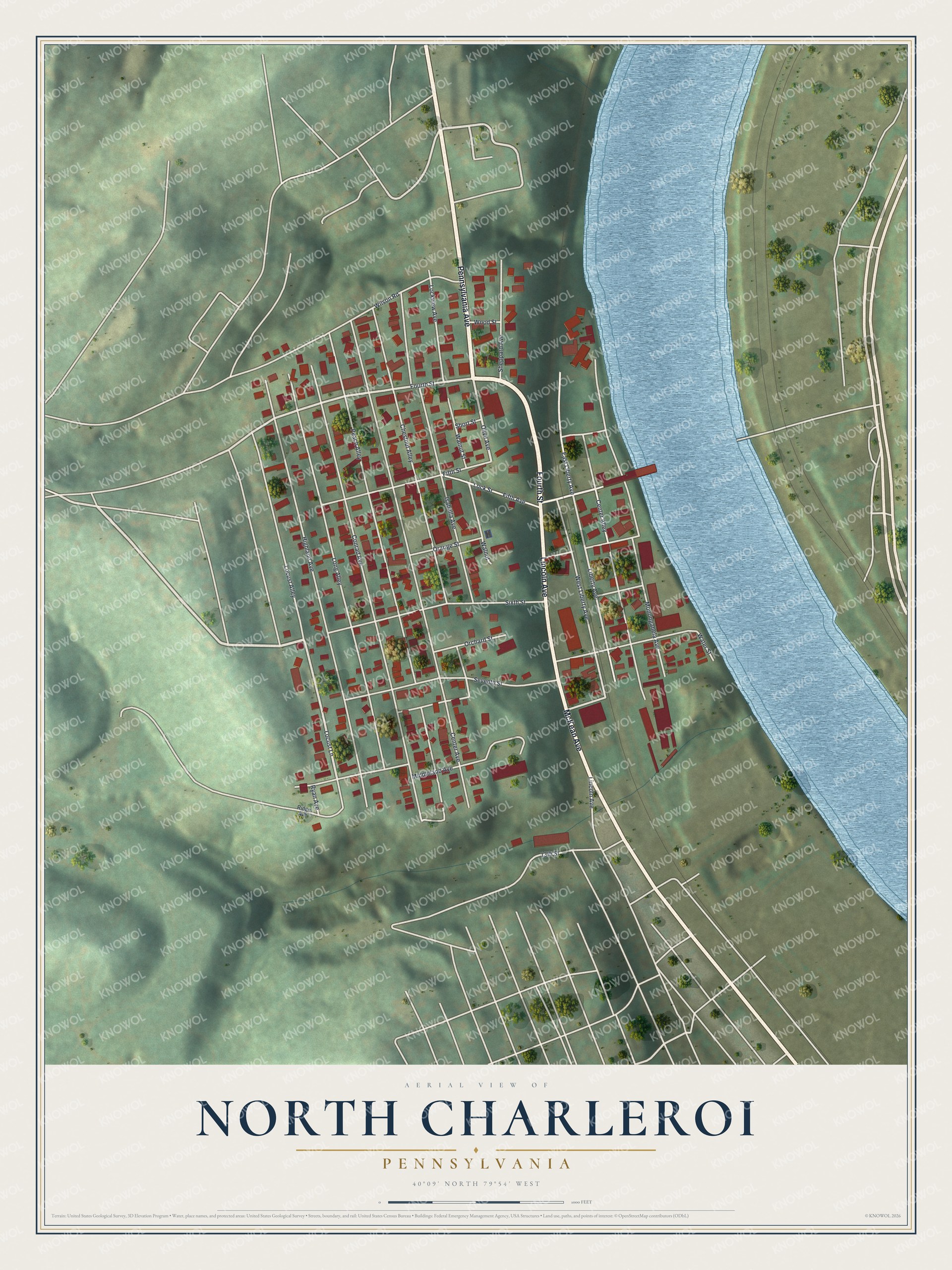 Full map of North Charleroi, Pennsylvania, with red buildings, printed street names and the land around them