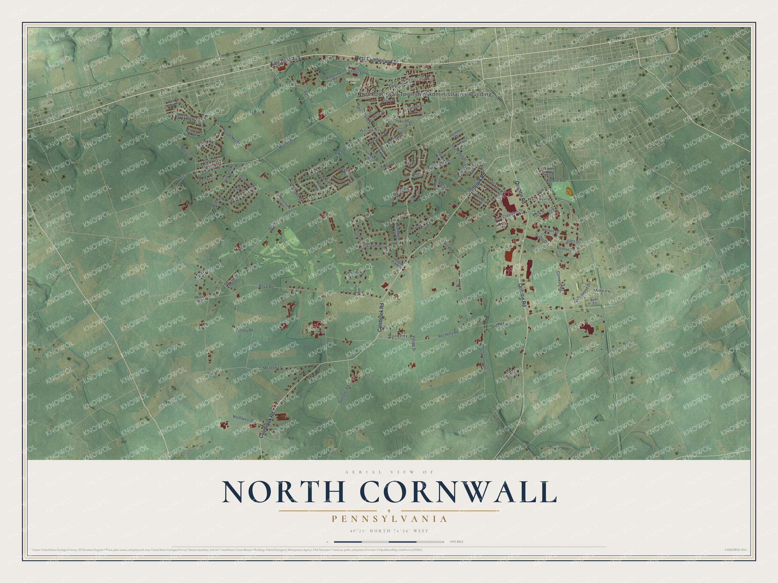 Full map of North Cornwall, Pennsylvania, with red buildings, printed street names and the land around them