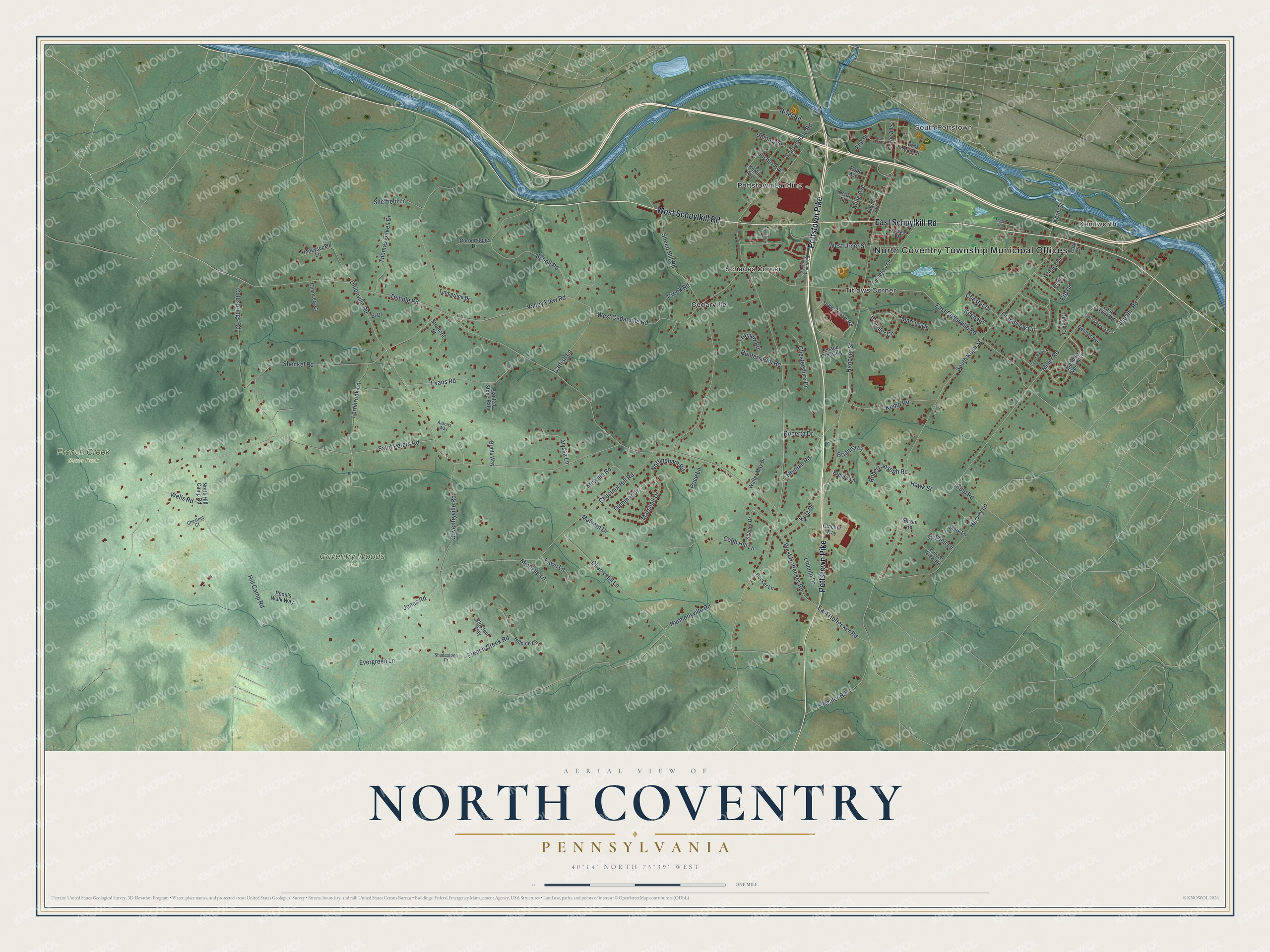 Full map of North Coventry, Pennsylvania, with red buildings, printed street names and the land around them
