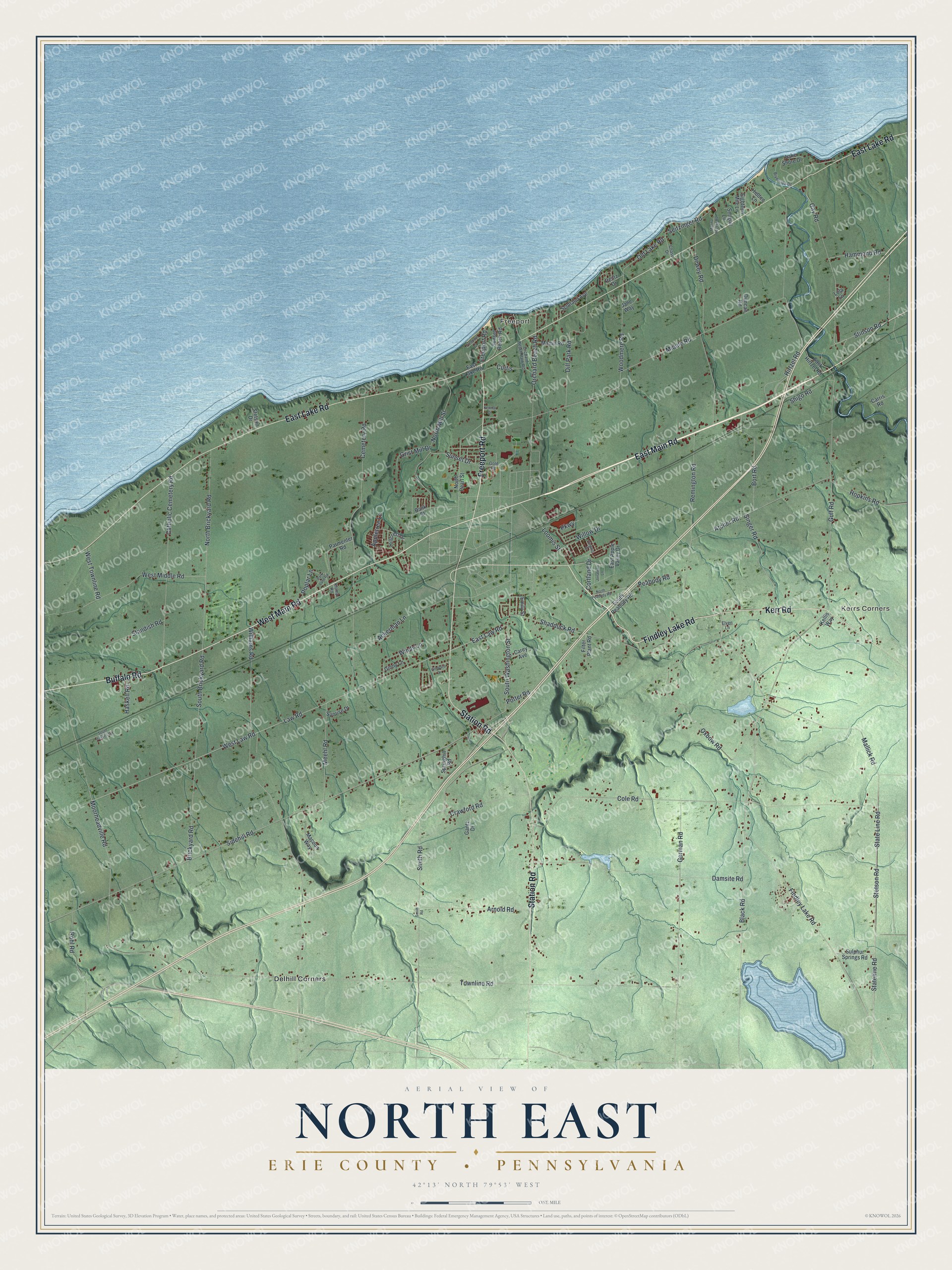 Full map of North East Township, Pennsylvania, with red buildings, printed street names and the land around them
