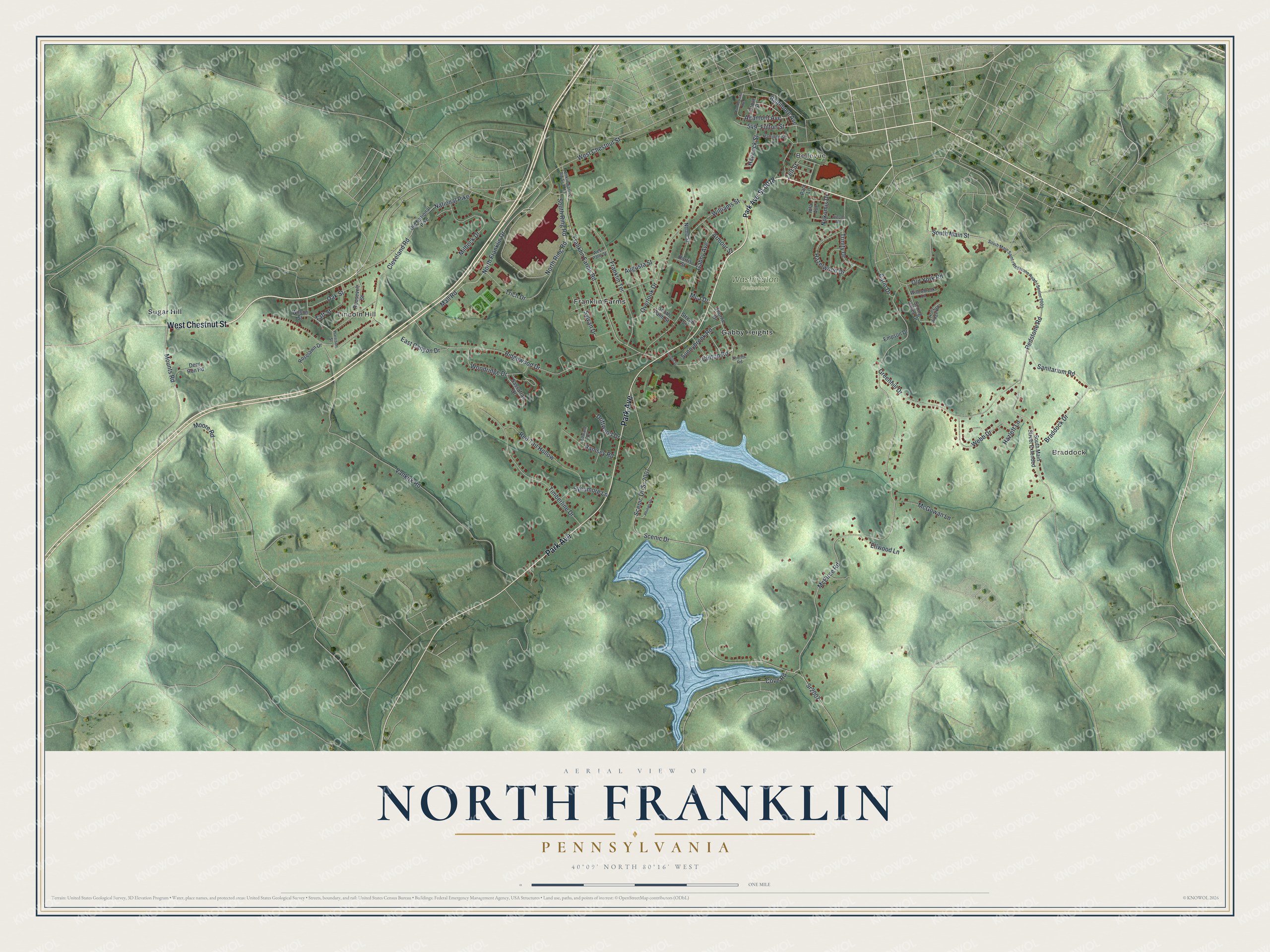Full map of North Franklin, Pennsylvania, with red buildings, printed street names and the land around them