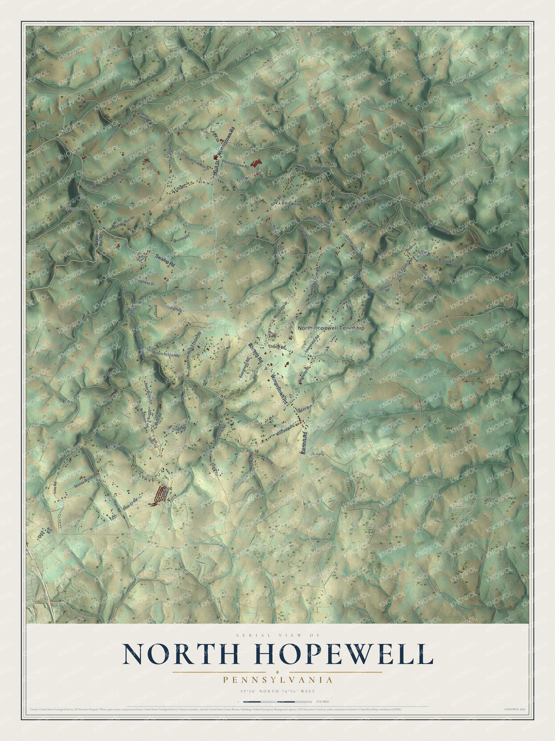 Full map of North Hopewell, Pennsylvania, with red buildings, printed street names and the land around them