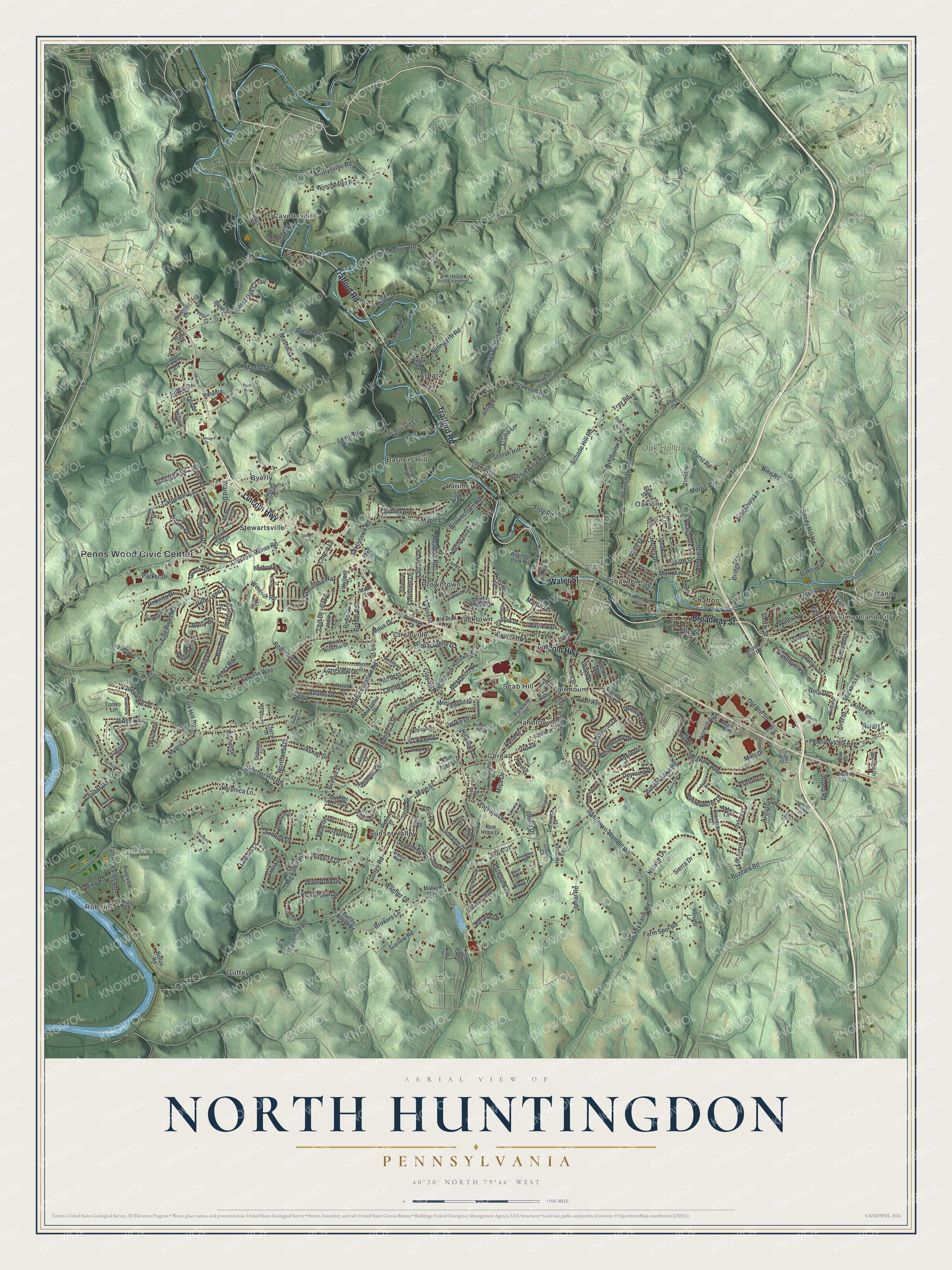 Full map of North Huntingdon, Pennsylvania, with red buildings, printed street names and the land around them