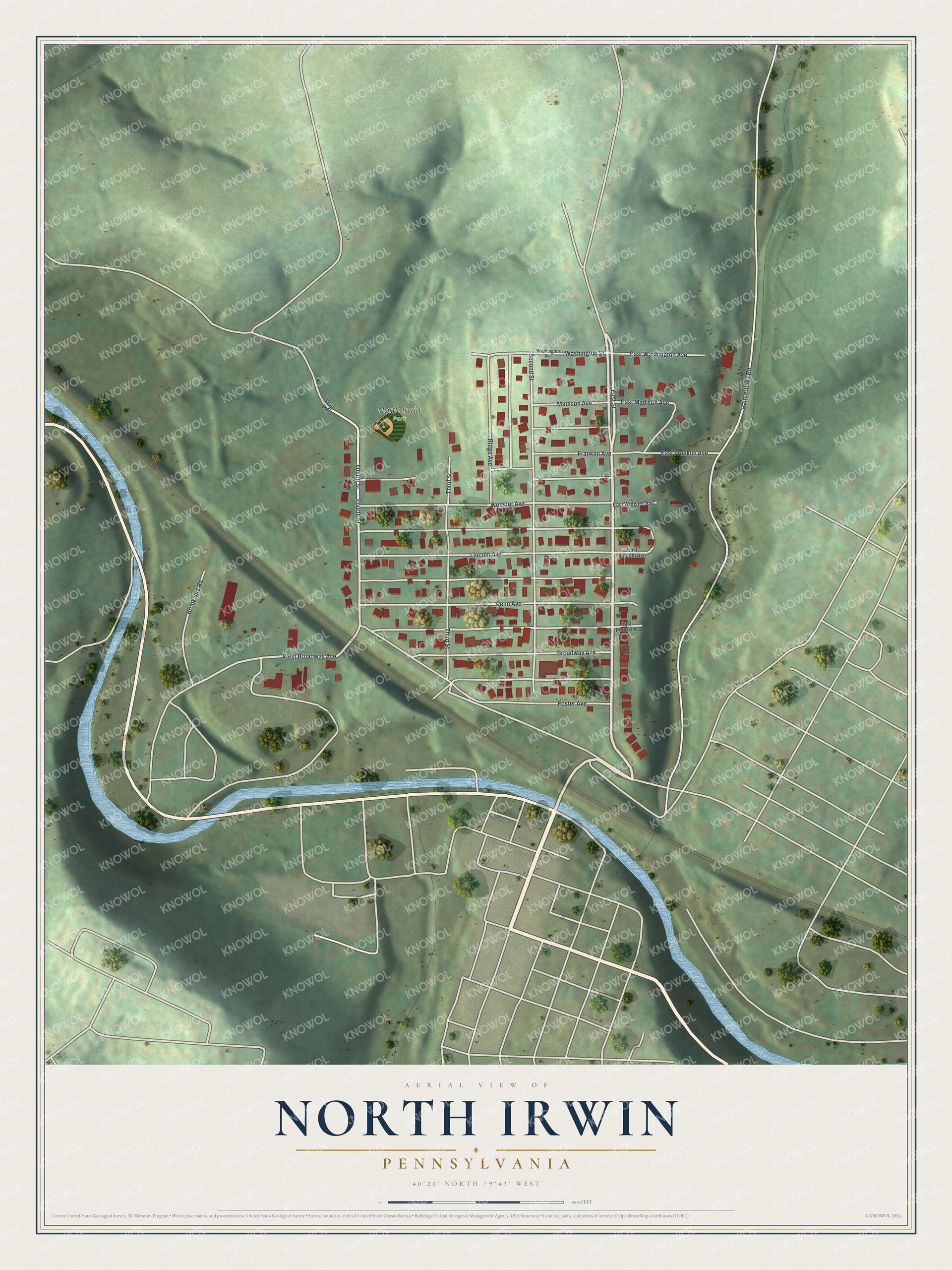 Full map of North Irwin, Pennsylvania, with red buildings, printed street names and the land around them