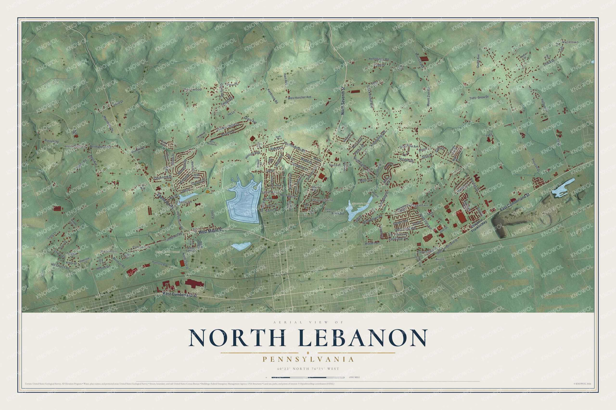 Full map of North Lebanon, Pennsylvania, with red buildings, printed street names and the land around them