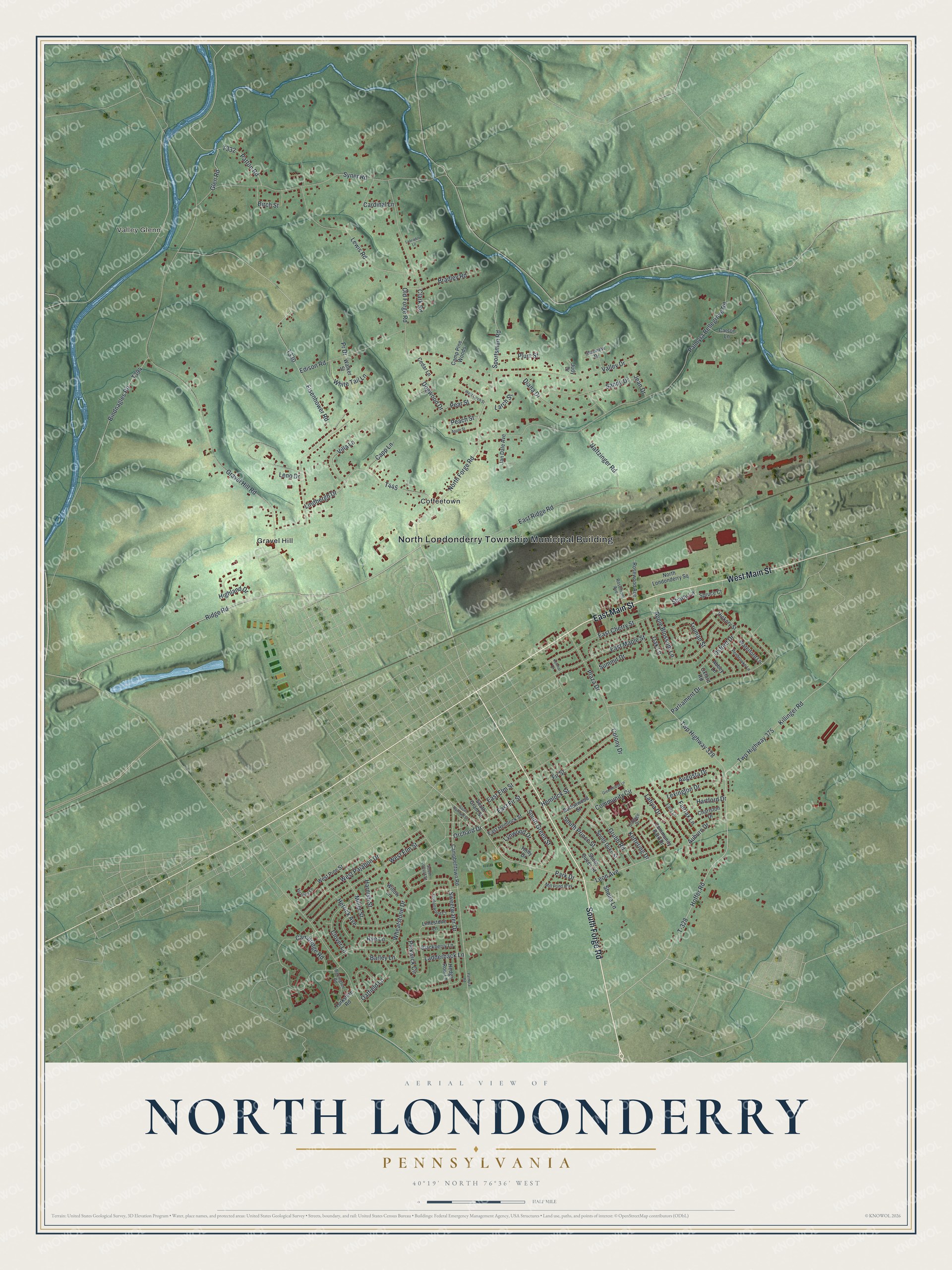 Full map of North Londonderry, Pennsylvania, with red buildings, printed street names and the land around them