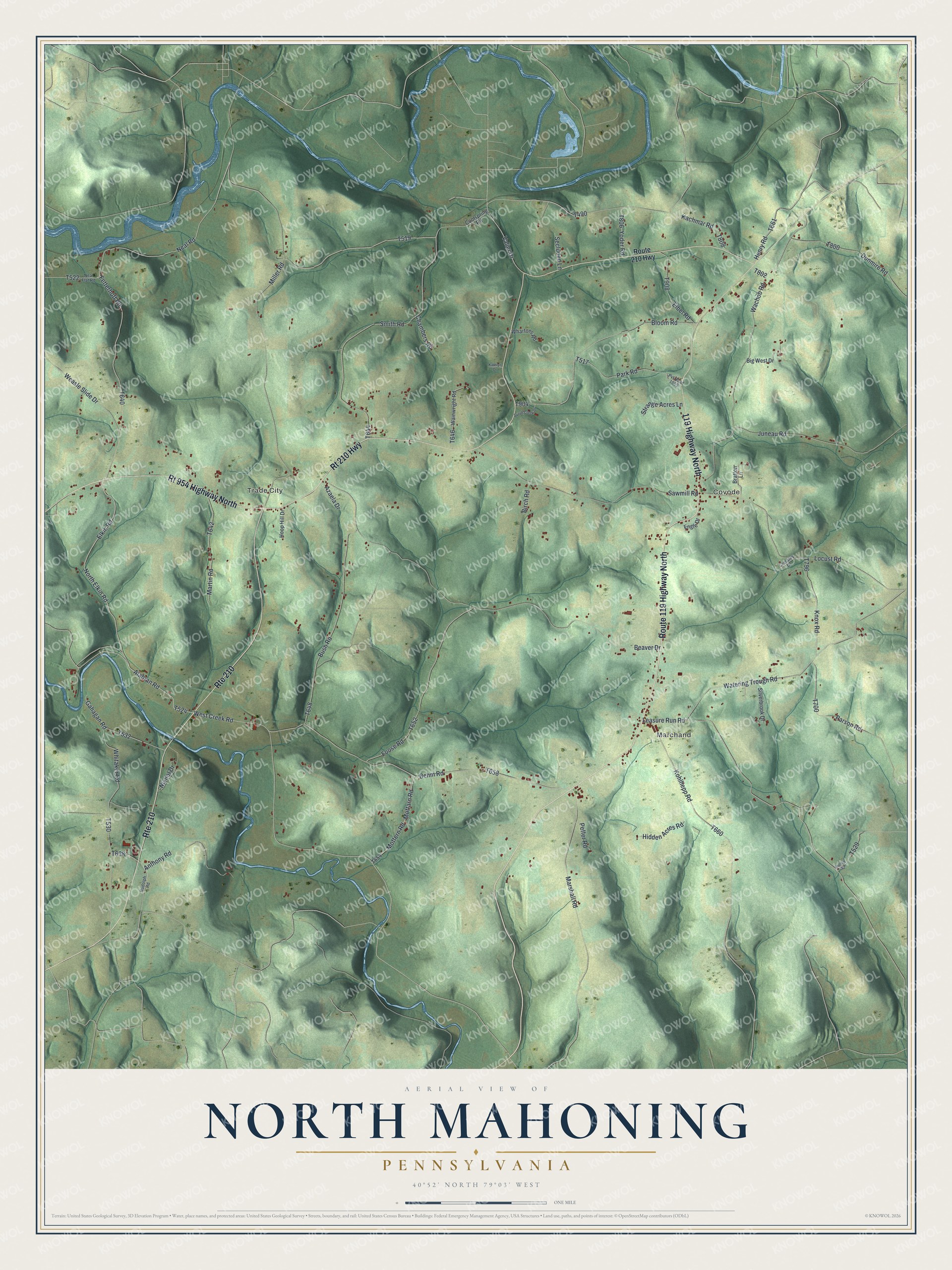 Full map of North Mahoning, Pennsylvania, with red buildings, printed street names and the land around them