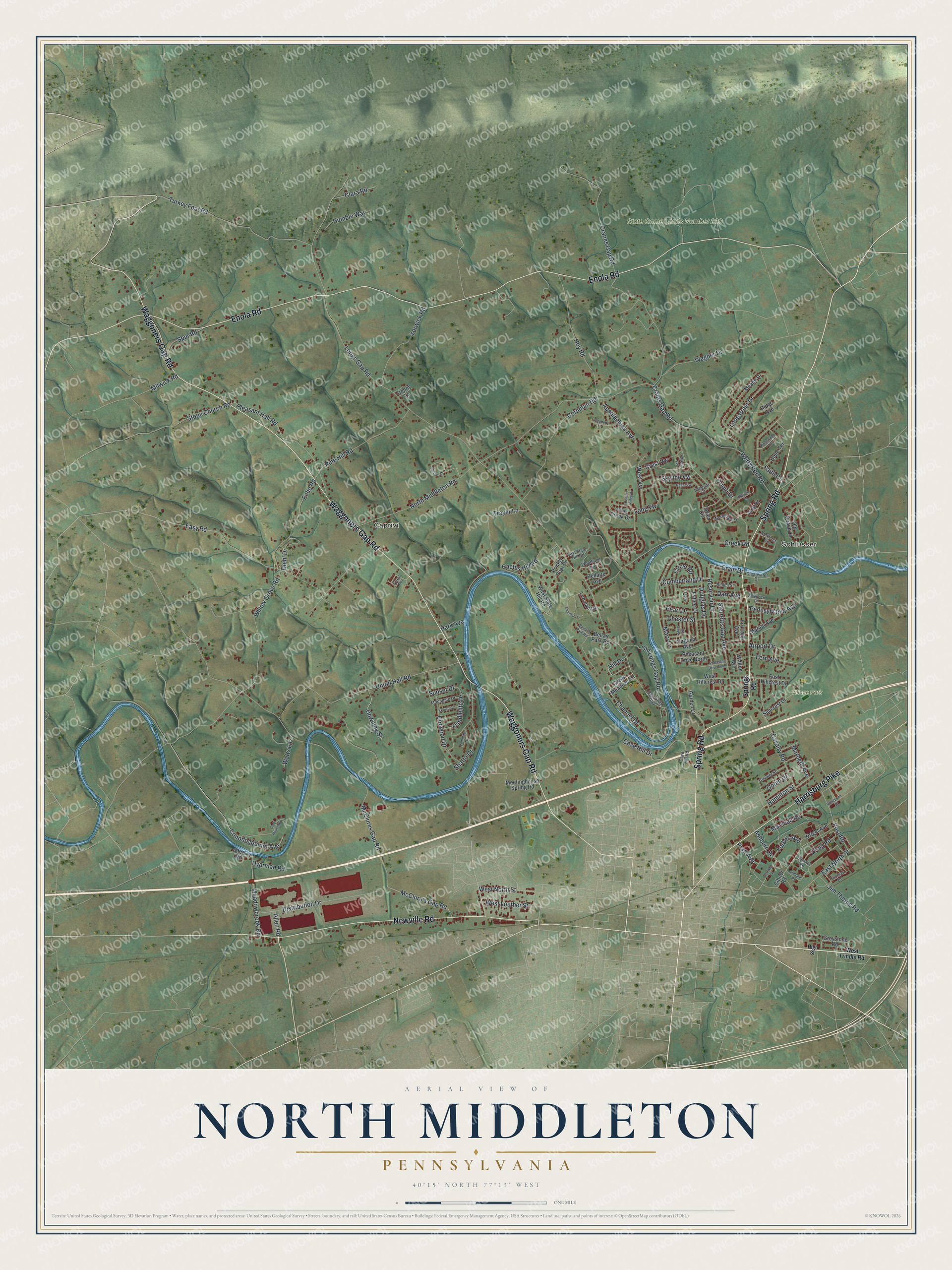 Full map of North Middleton, Pennsylvania, with red buildings, printed street names and the land around them