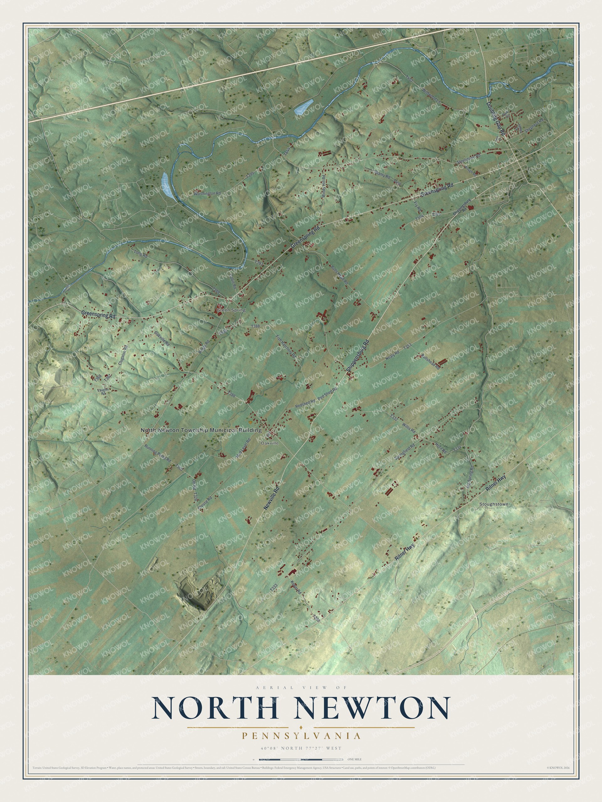 Full map of North Newton, Pennsylvania, with red buildings, printed street names and the land around them