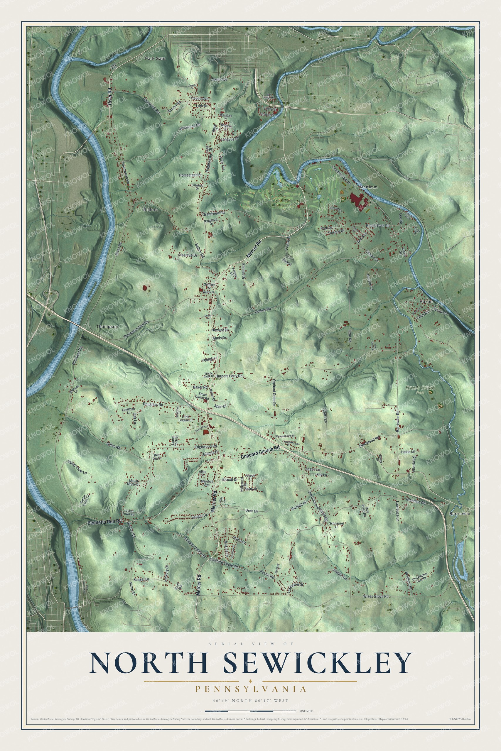 Full map of North Sewickley, Pennsylvania, with red buildings, printed street names and the land around them