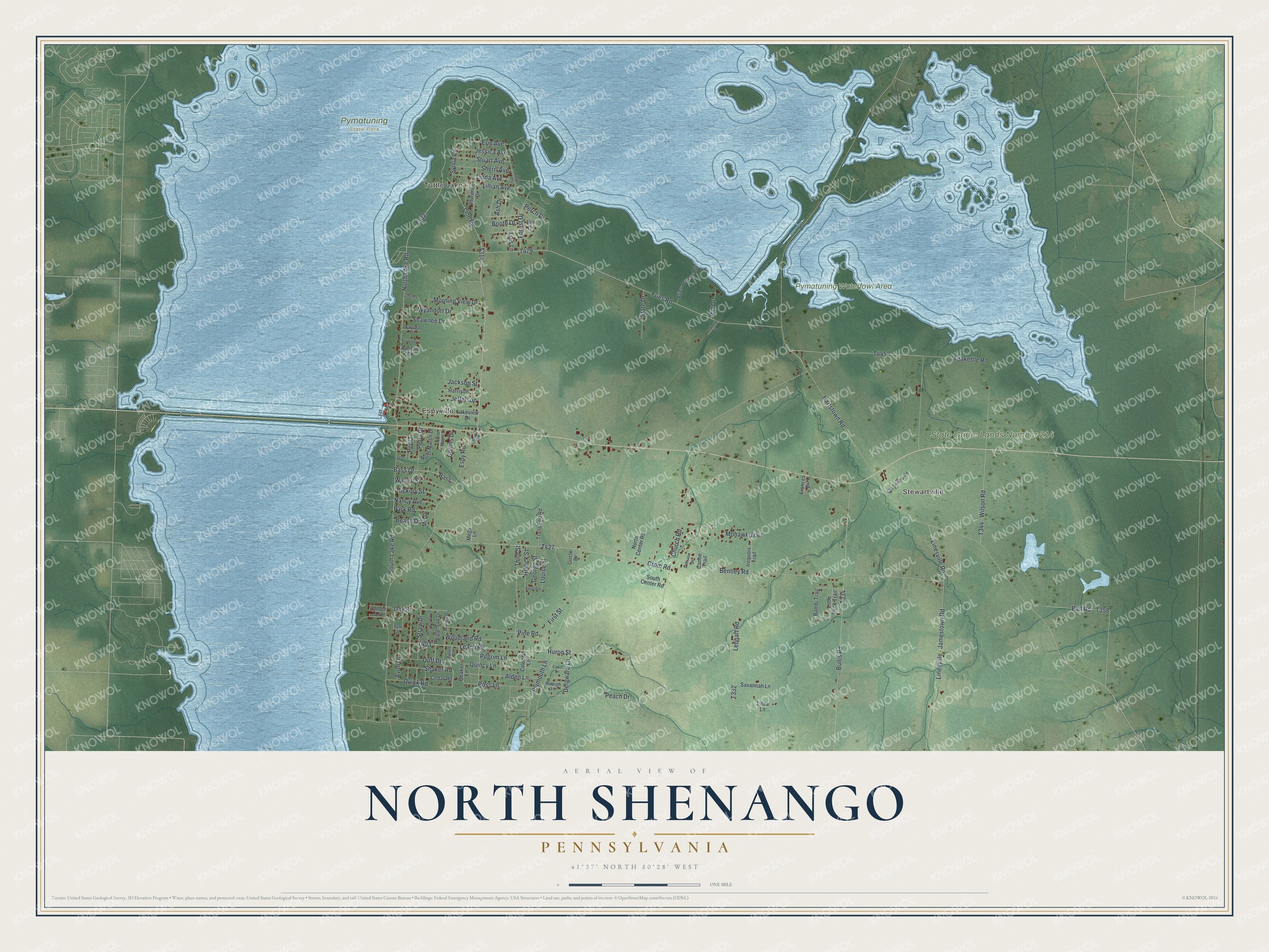 Full map of North Shenango, Pennsylvania, with red buildings, printed street names and the land around them