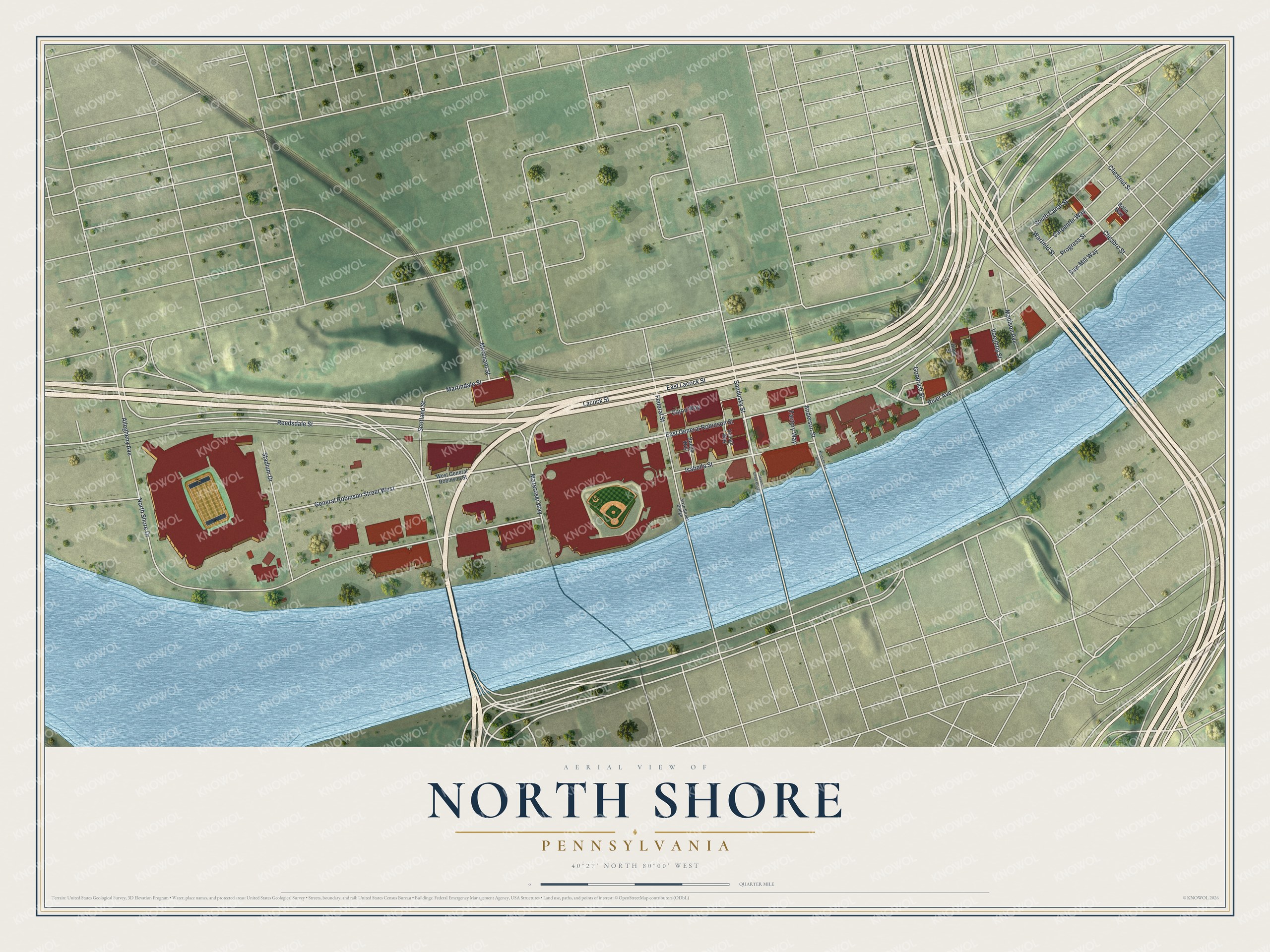 Aerial style map of Pittsburgh's North Shore with two stadiums, red buildings and three bridges over a blue river