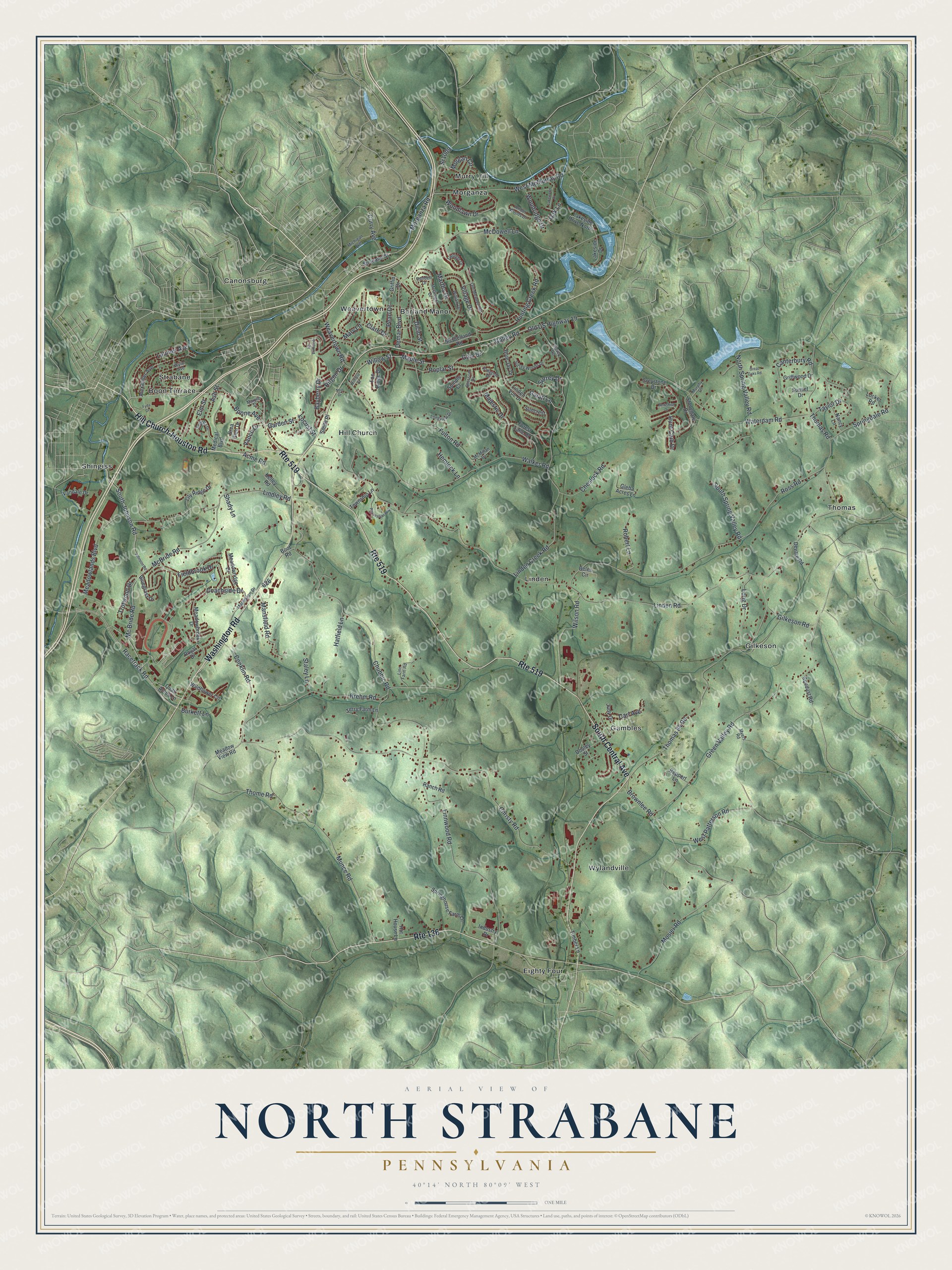 Full map of North Strabane, Pennsylvania, with red buildings, printed street names and the land around them