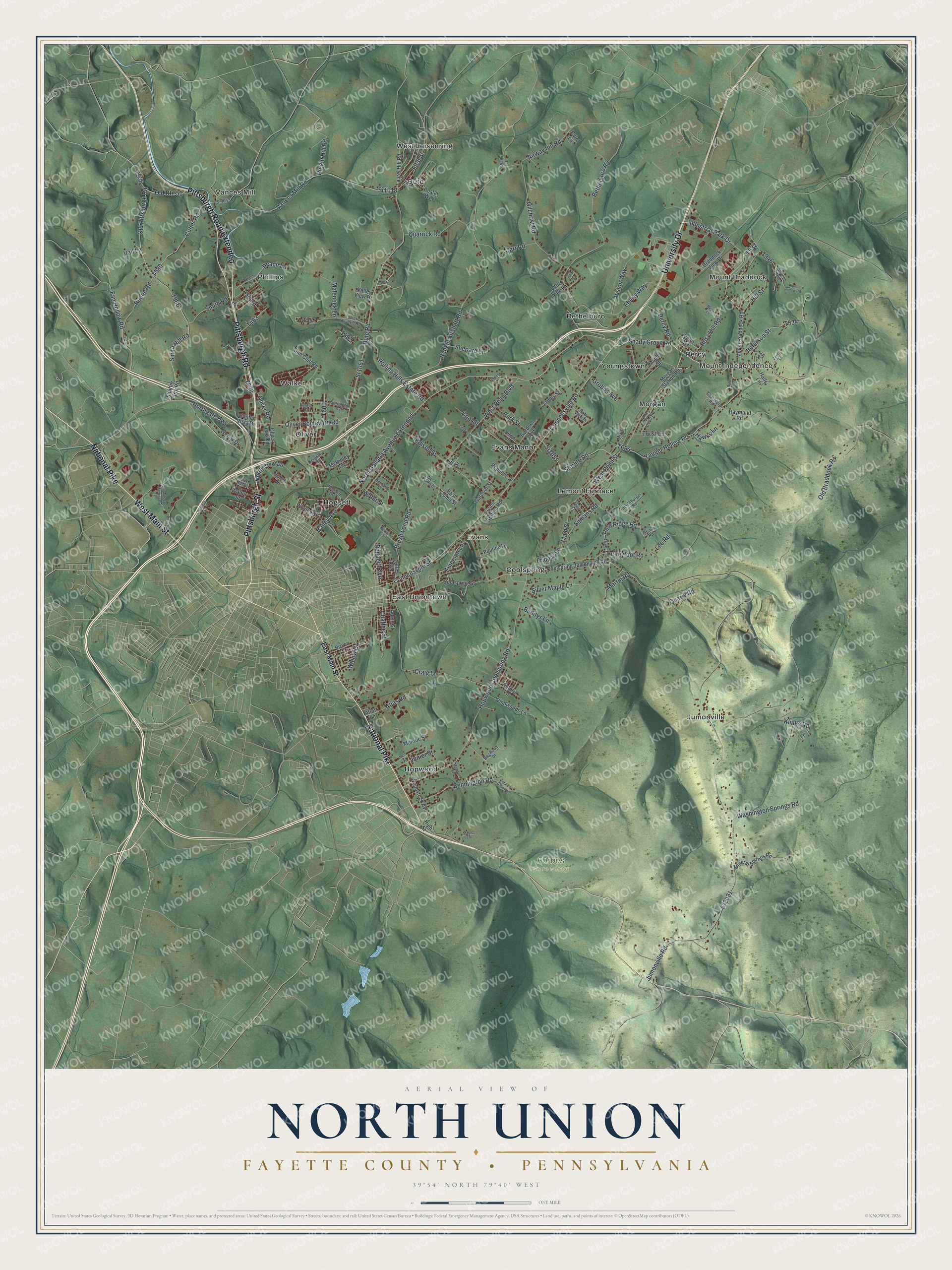 Full map of North Union, Fayette County, Pennsylvania, with red buildings, printed street names and the land around them