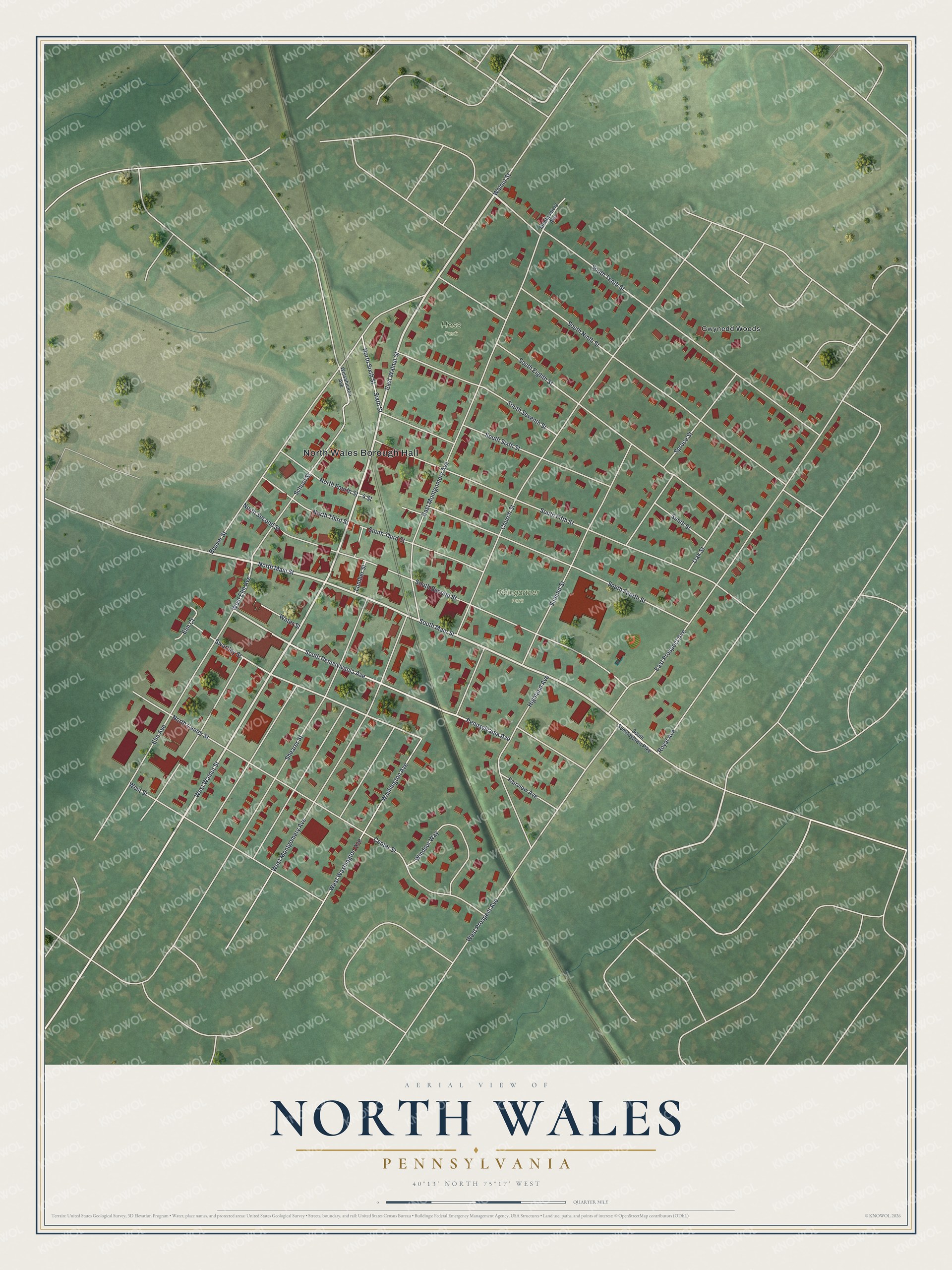 Full map of North Wales, Pennsylvania, with red buildings, printed street names and the land around them
