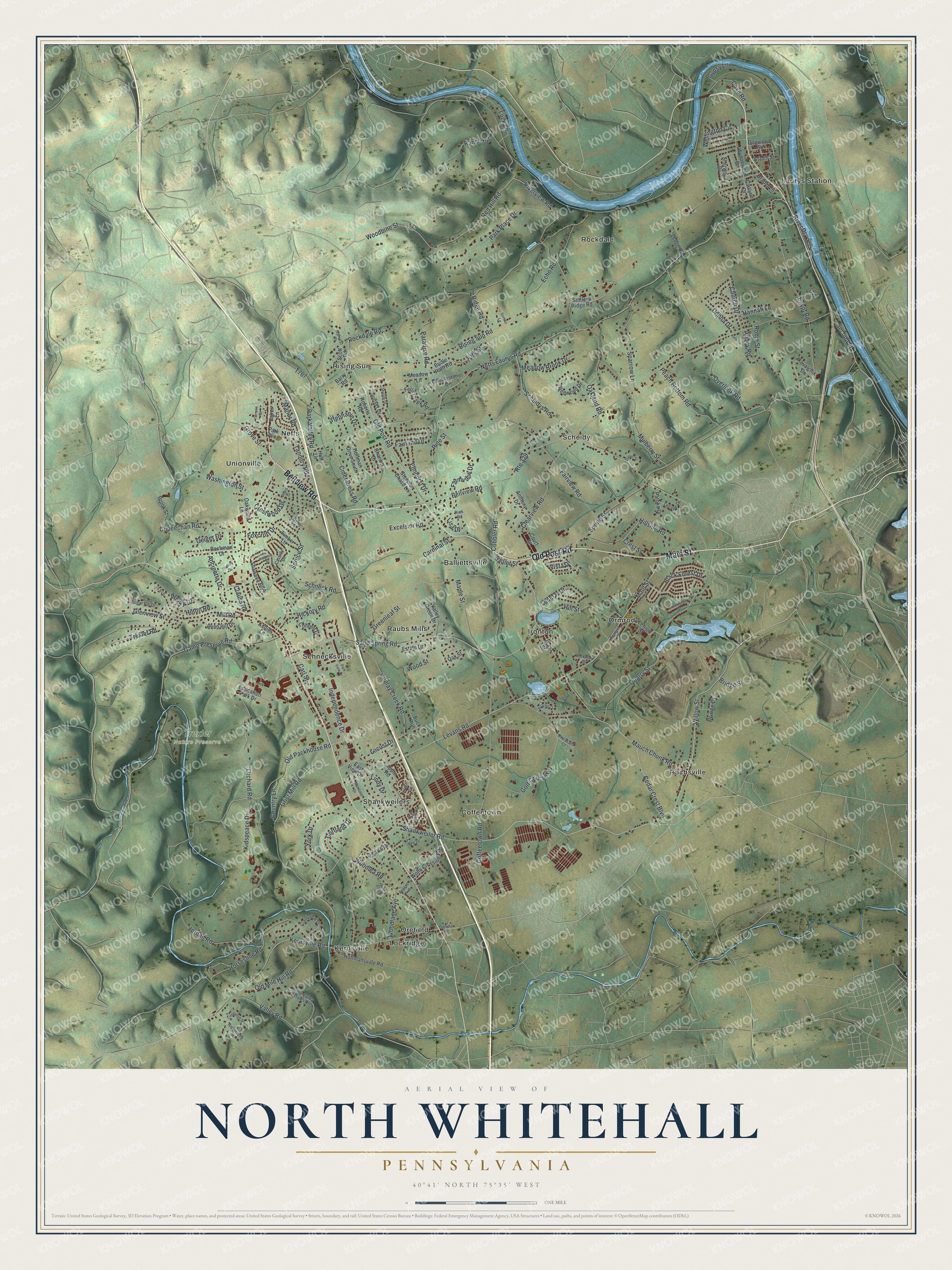 Full map of North Whitehall, Pennsylvania, with red buildings, printed street names and the land around them