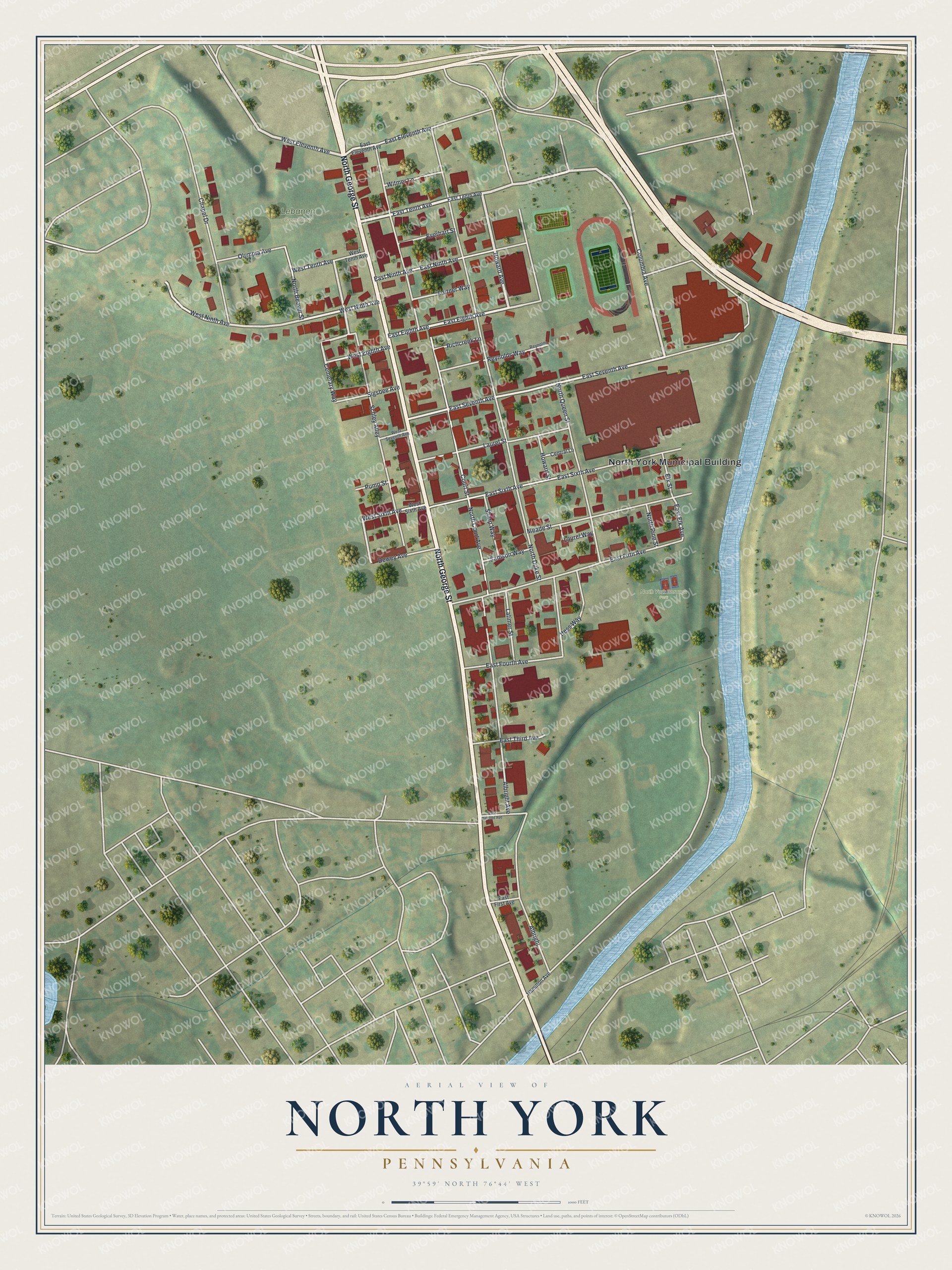 Aerial style map of North York, Pennsylvania, with red buildings along North George Street and a blue creek on the right side